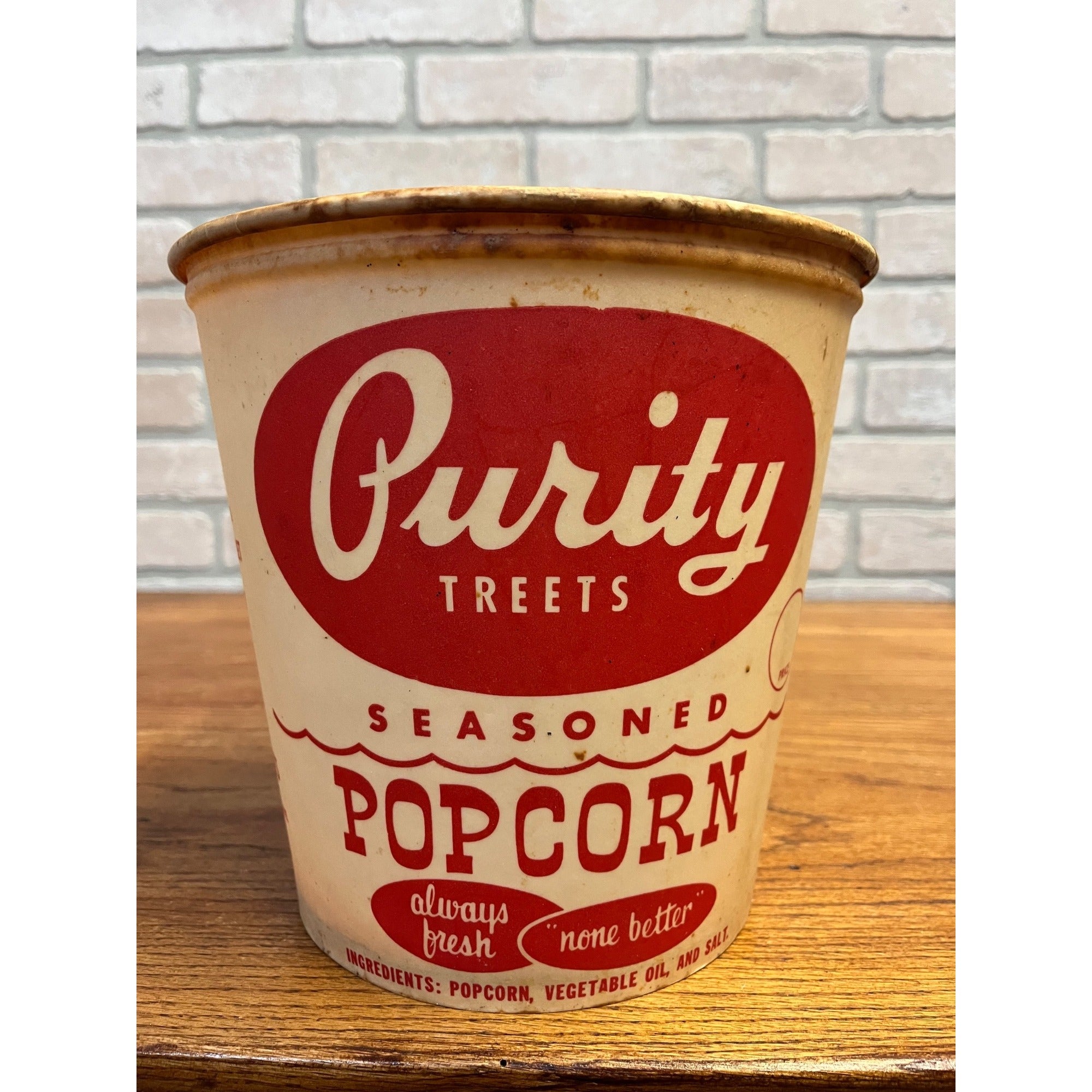Vintage 1950s Purity Treats Seasoned Popcorn Advertising Paper Tub Butler Wis