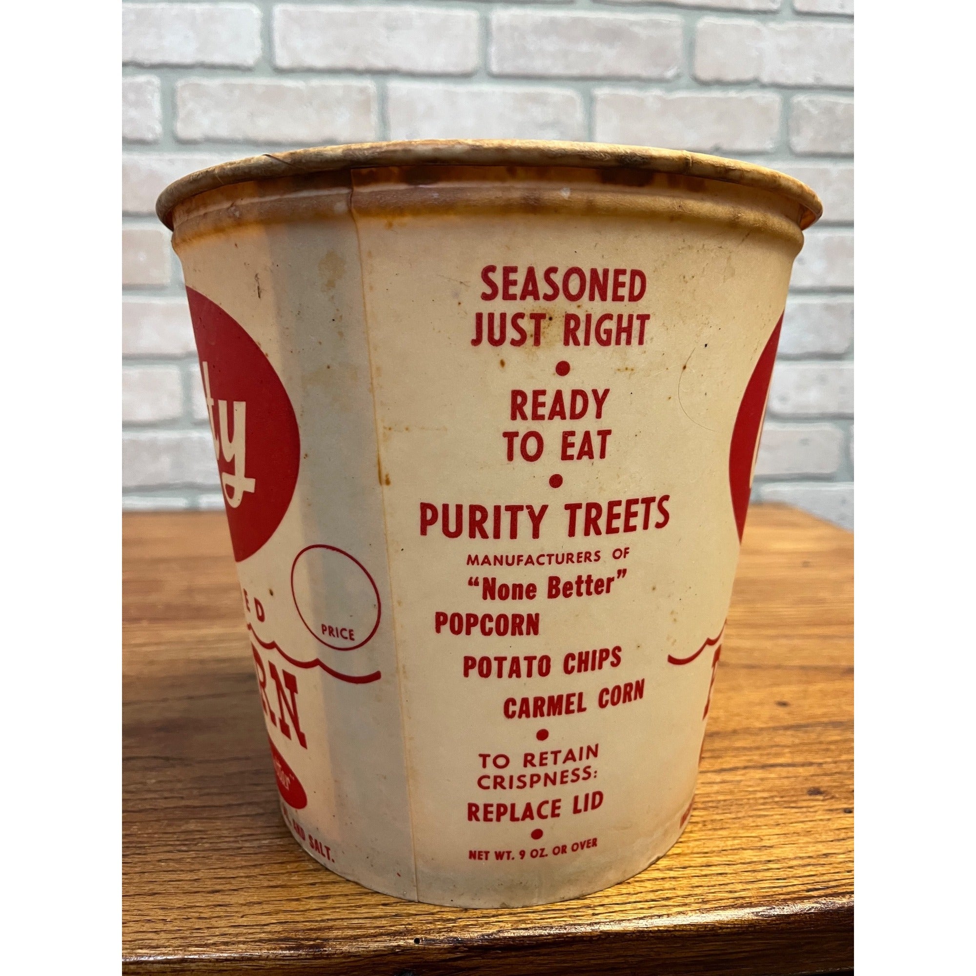 Vintage 1950s Purity Treats Seasoned Popcorn Advertising Paper Tub Butler Wis