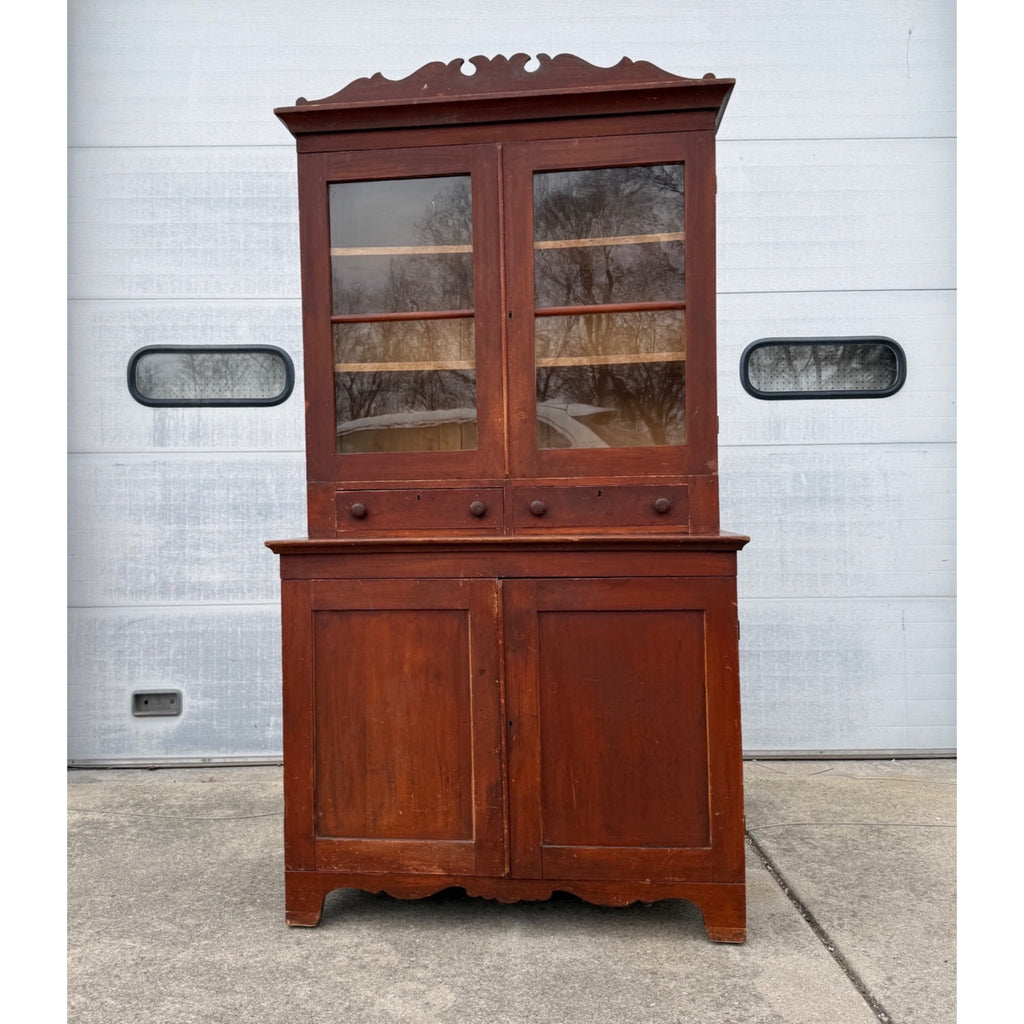 Antique Primitive 19th c. Kitchen Cupboard Red Stepback Hutch Cabinet Farmhouse
