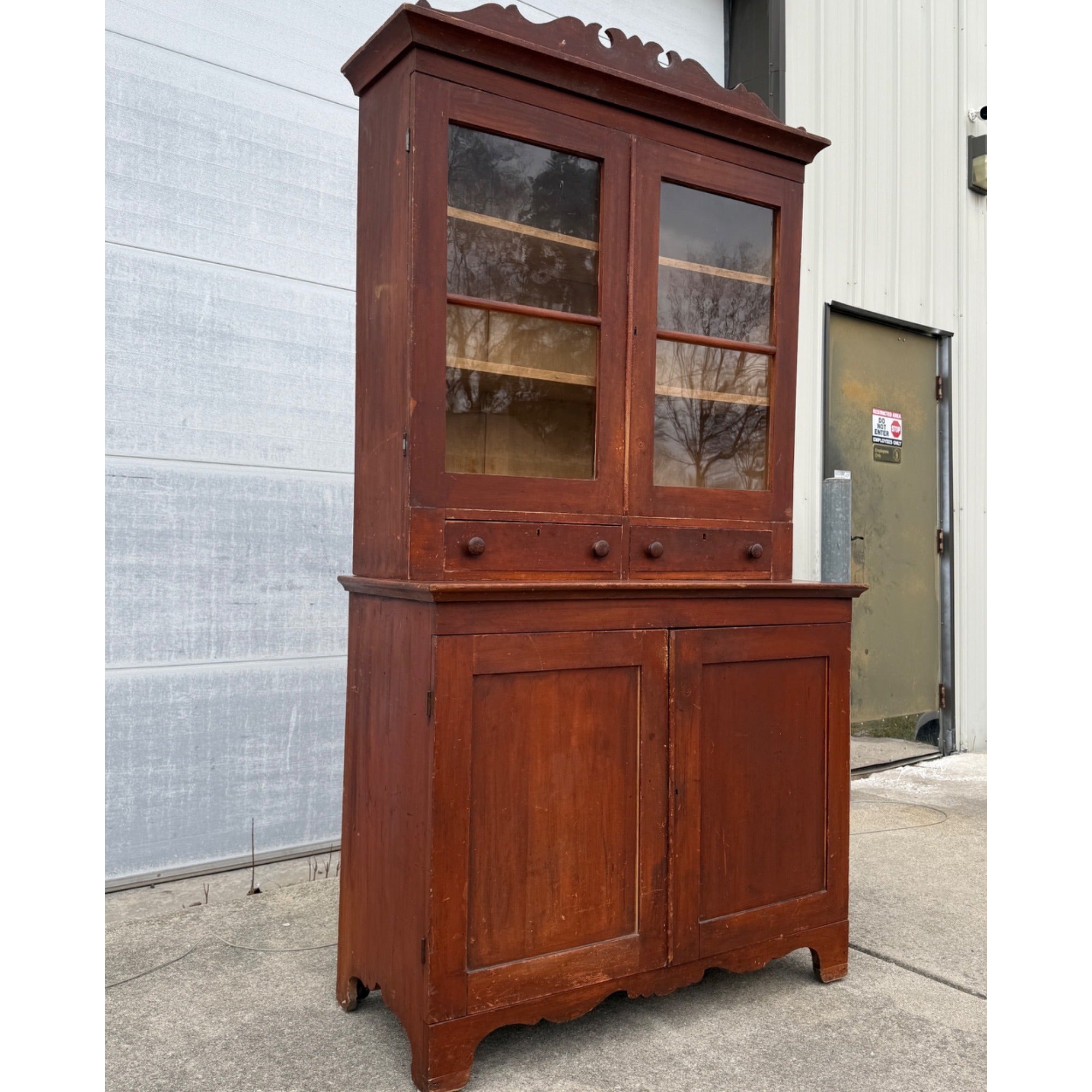 Antique Primitive 19th c. Kitchen Cupboard Red Stepback Hutch Cabinet Farmhouse
