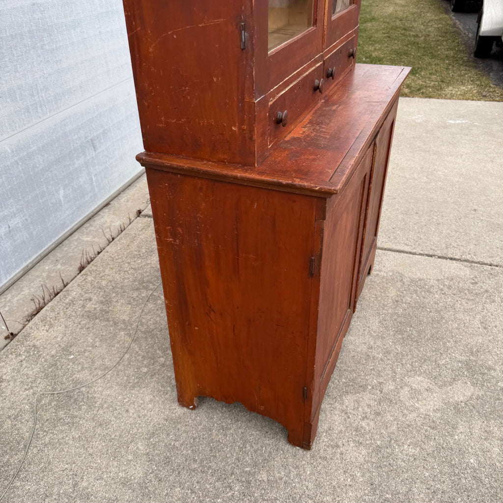 Antique Primitive 19th c. Kitchen Cupboard Red Stepback Hutch Cabinet Farmhouse