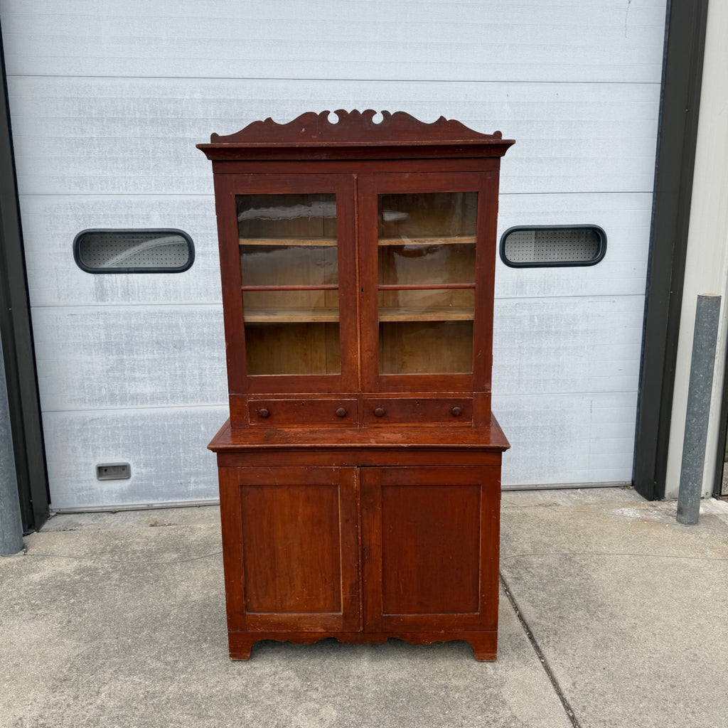 Antique Primitive 19th c. Kitchen Cupboard Red Stepback Hutch Cabinet Farmhouse
