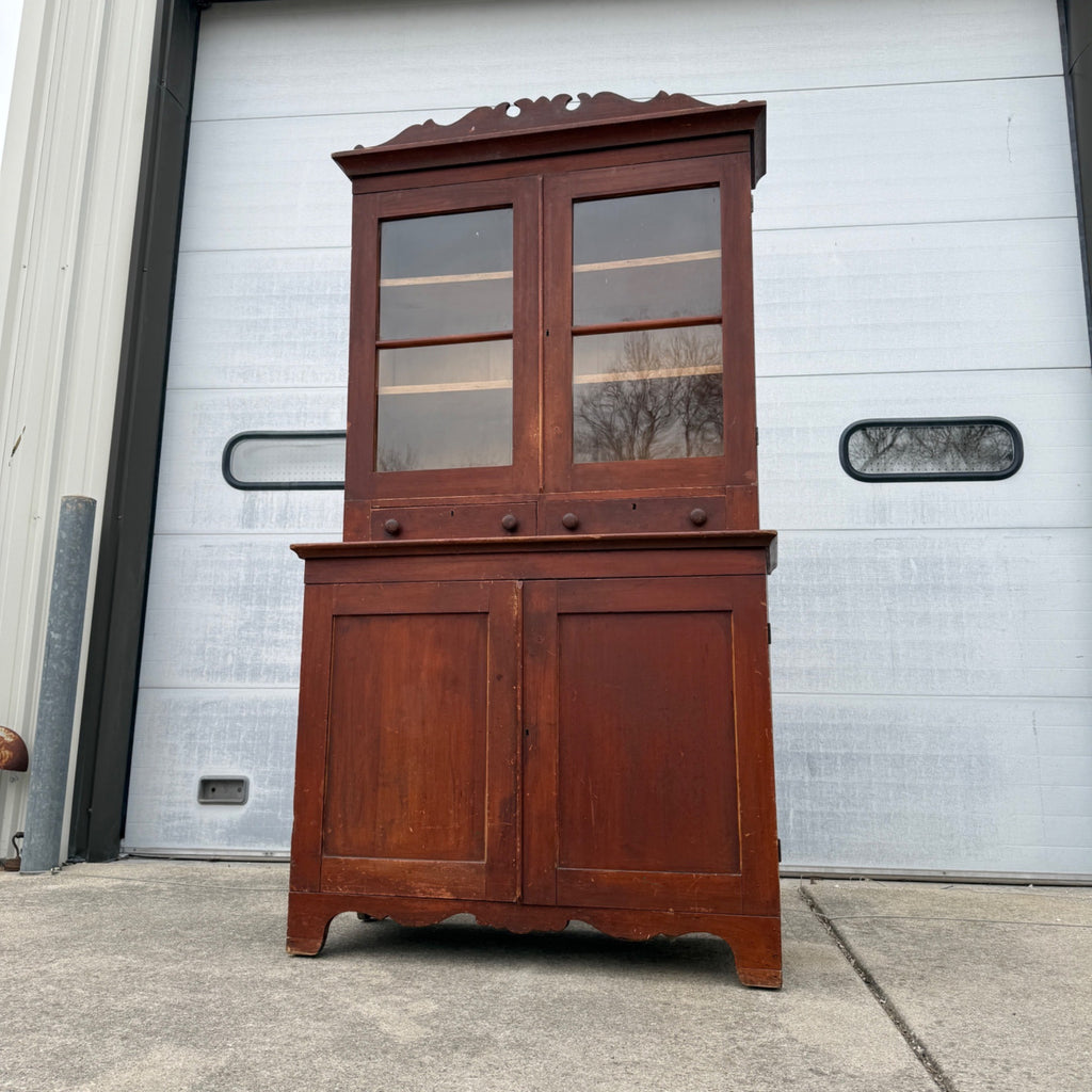 Antique Primitive 19th c. Kitchen Cupboard Red Stepback Hutch Cabinet Farmhouse
