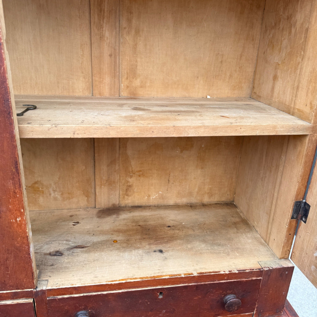 Antique Primitive 19th c. Kitchen Cupboard Red Stepback Hutch Cabinet Farmhouse