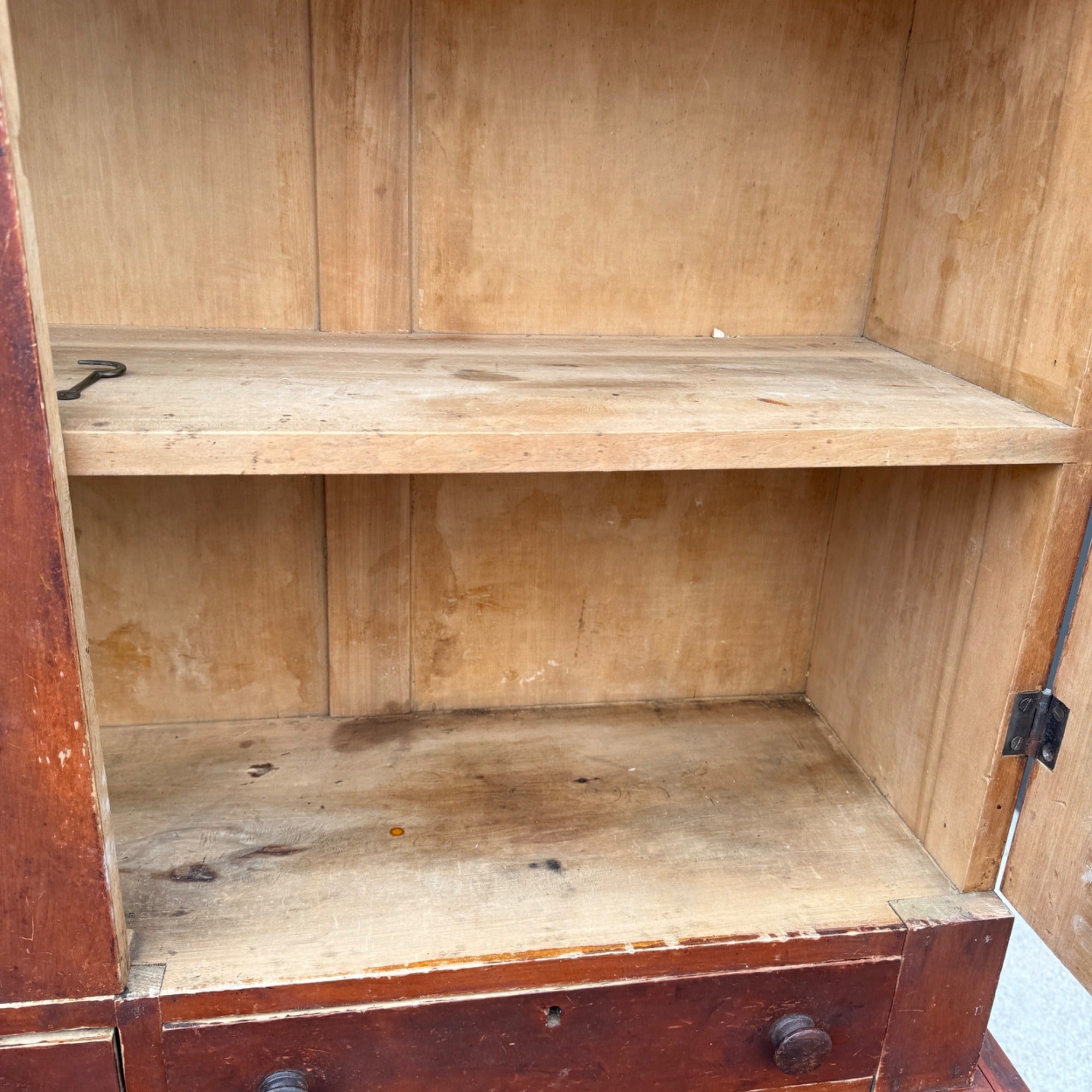 Antique Primitive 19th c. Kitchen Cupboard Red Stepback Hutch Cabinet Farmhouse