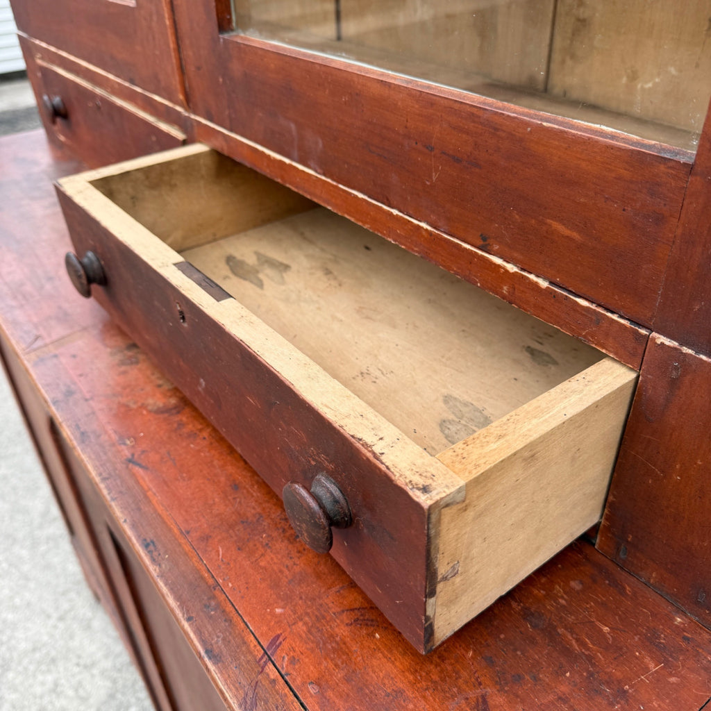 Antique Primitive 19th c. Kitchen Cupboard Red Stepback Hutch Cabinet Farmhouse