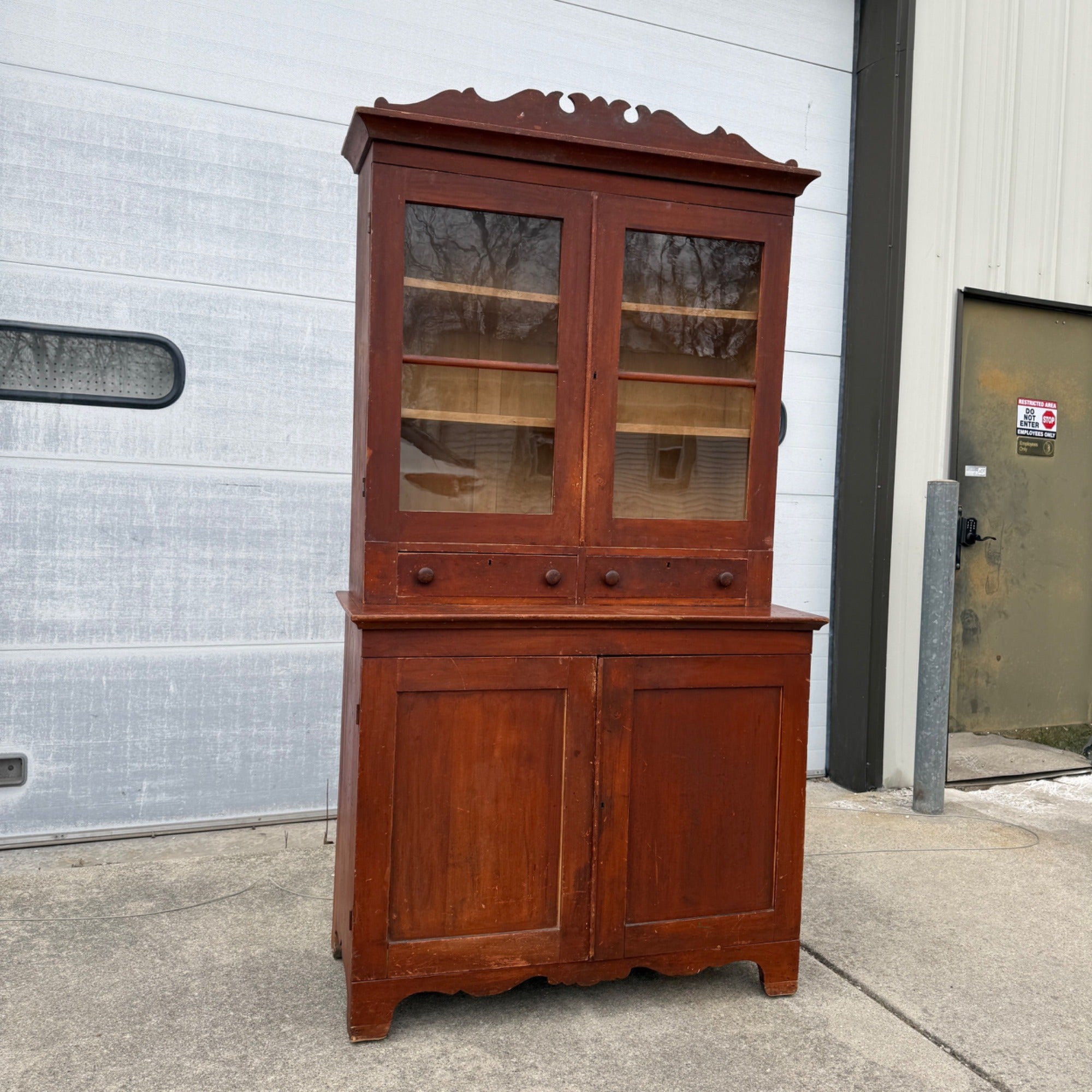 Antique Primitive 19th c. Kitchen Cupboard Red Stepback Hutch Cabinet Farmhouse
