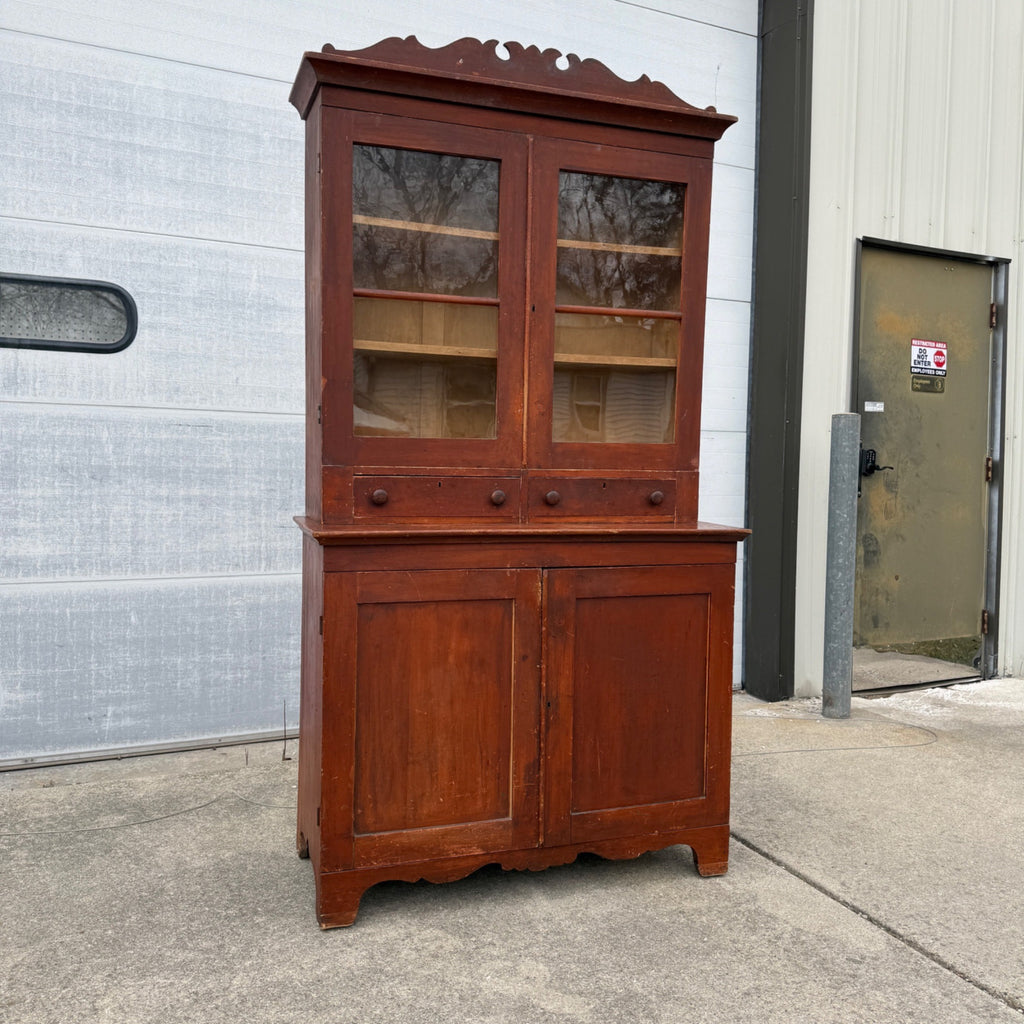 Antique Primitive 19th c. Kitchen Cupboard Red Stepback Hutch Cabinet Farmhouse