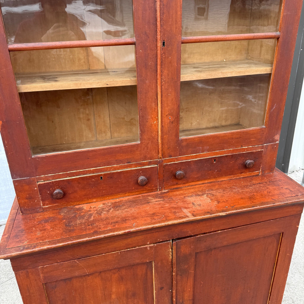 Antique Primitive 19th c. Kitchen Cupboard Red Stepback Hutch Cabinet Farmhouse