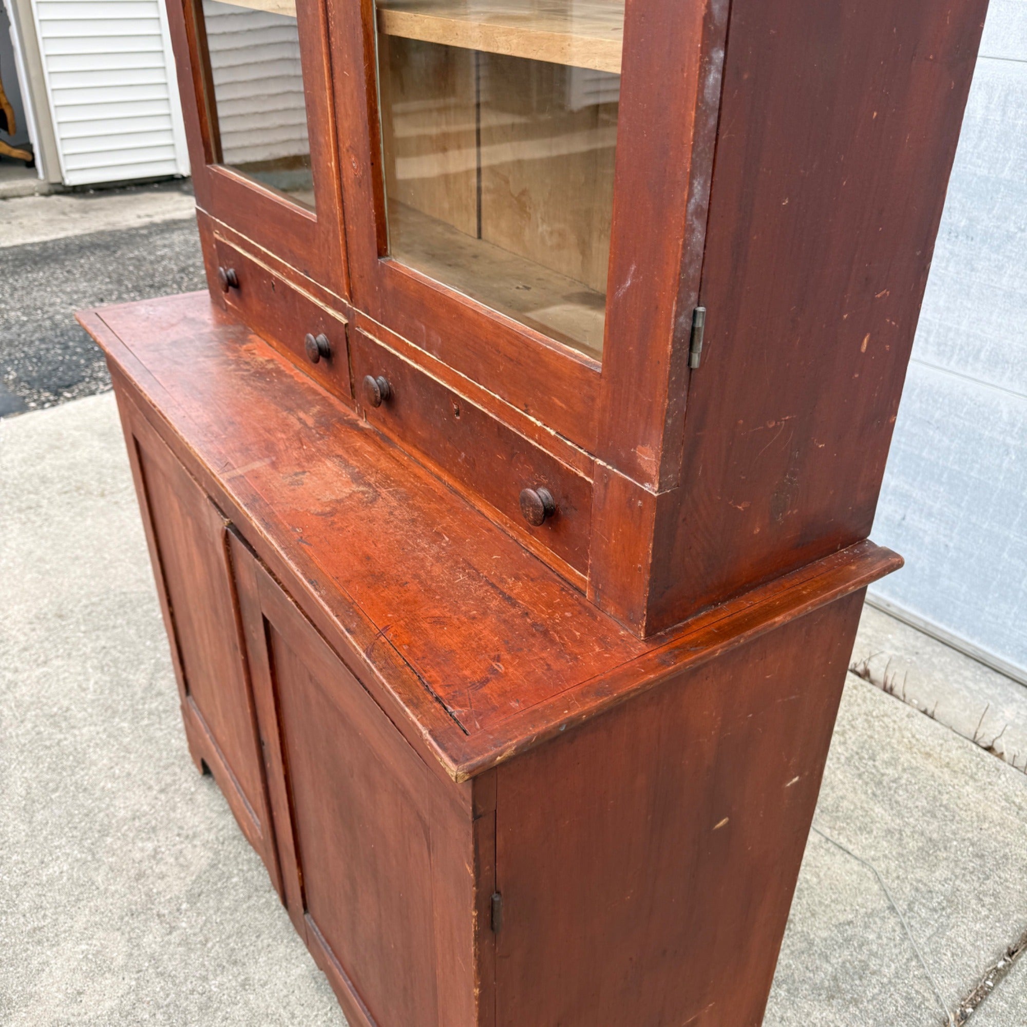 Antique Primitive 19th c. Kitchen Cupboard Red Stepback Hutch Cabinet Farmhouse