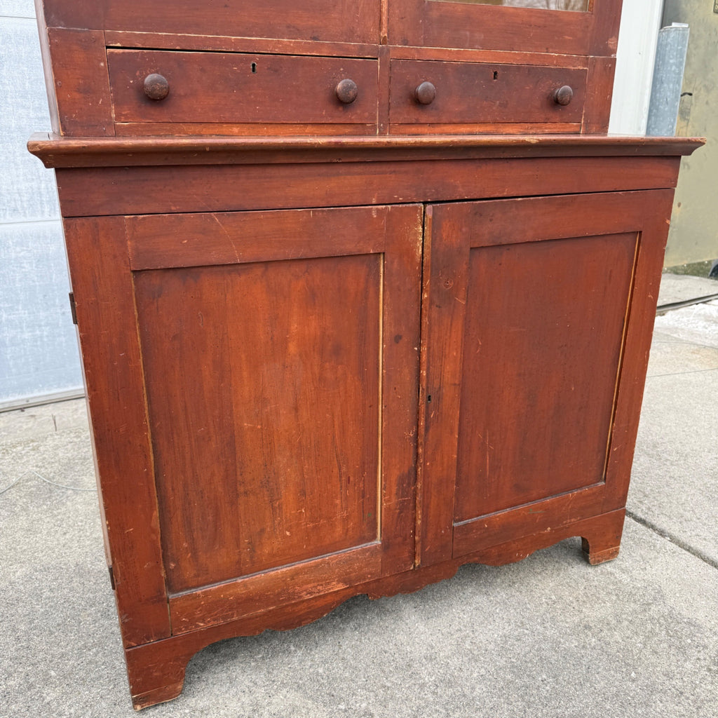 Antique Primitive 19th c. Kitchen Cupboard Red Stepback Hutch Cabinet Farmhouse