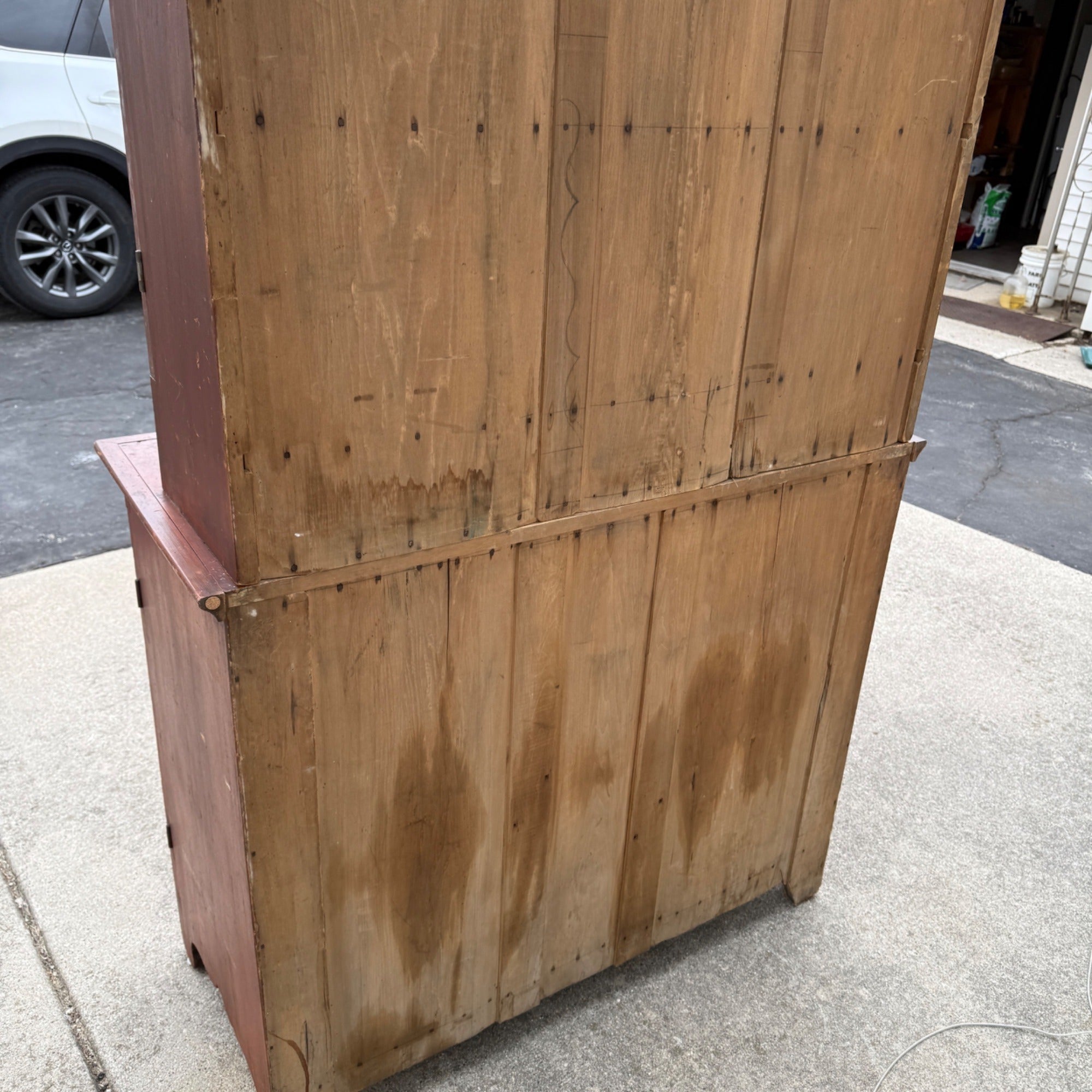 Antique Primitive 19th c. Kitchen Cupboard Red Stepback Hutch Cabinet Farmhouse