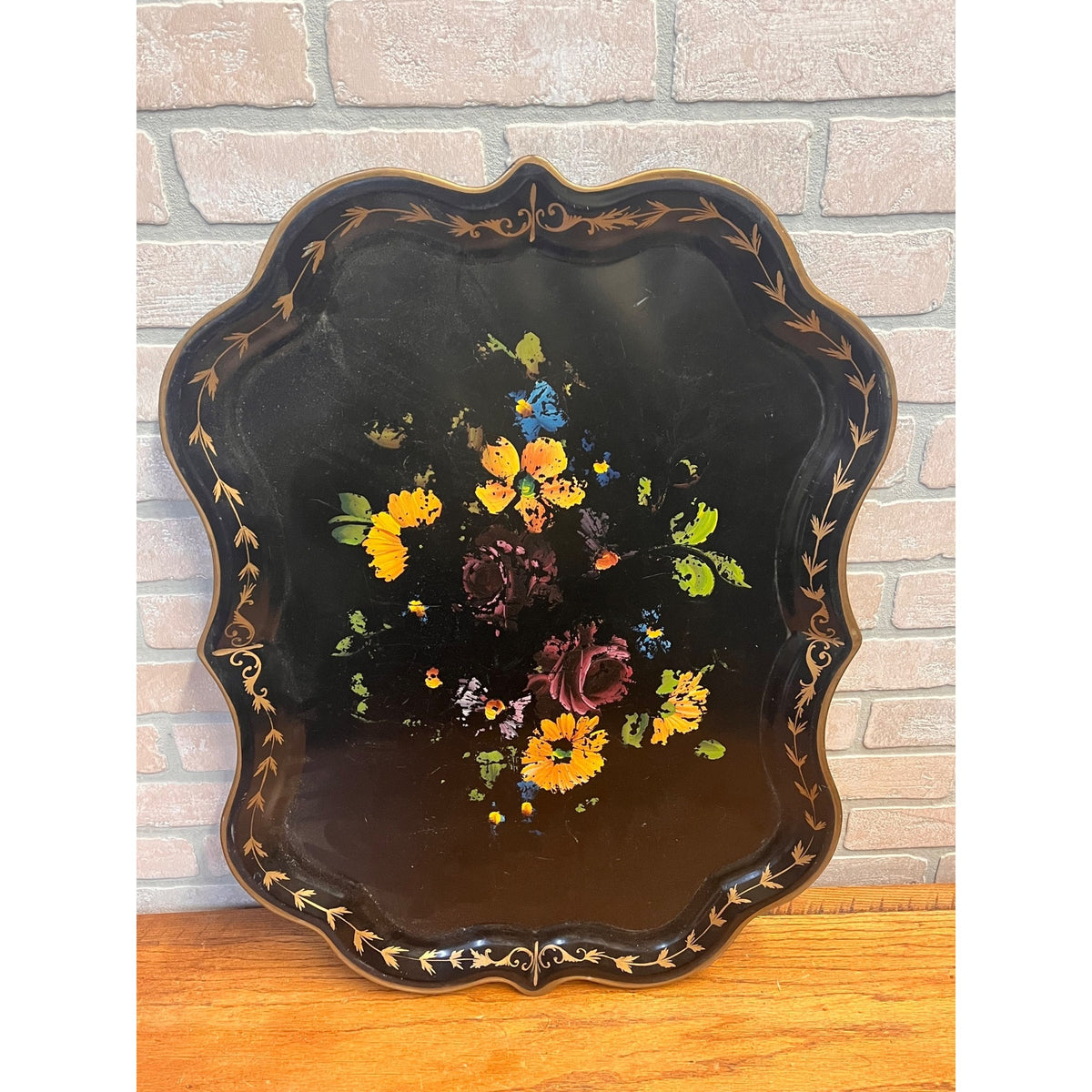 Vintage Scalloped Metal Tray With Hand-Painted Floral Decoration E.T. Nash Co. New York