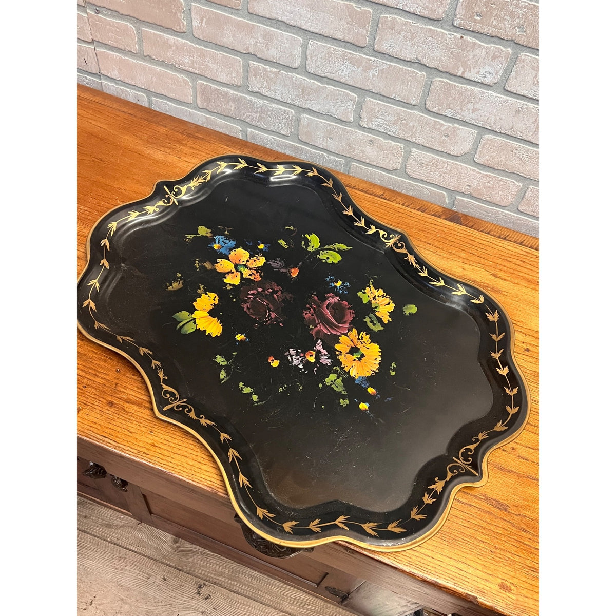Vintage Scalloped Metal Tray With Hand-Painted Floral Decoration E.T. Nash Co. New York