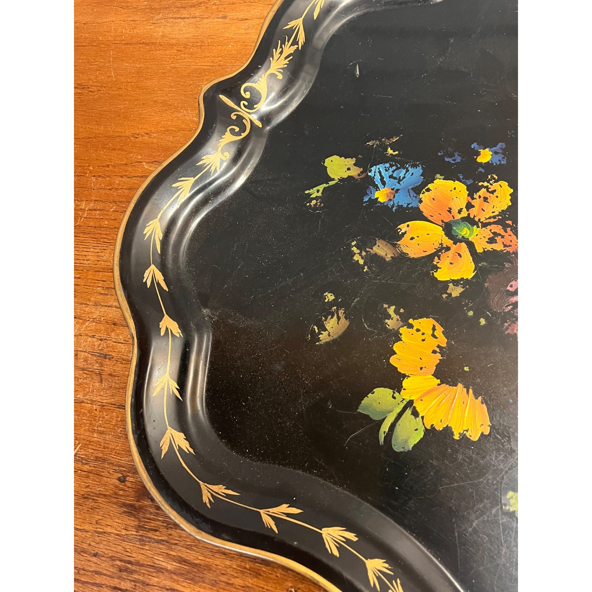Vintage Scalloped Metal Tray With Hand-Painted Floral Decoration E.T. Nash Co. New York