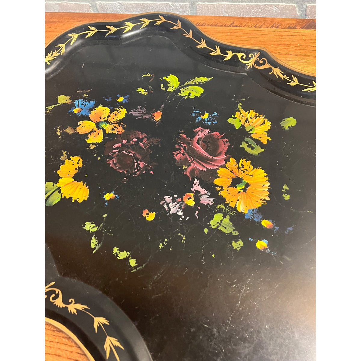 Vintage Scalloped Metal Tray With Hand-Painted Floral Decoration E.T. Nash Co. New York
