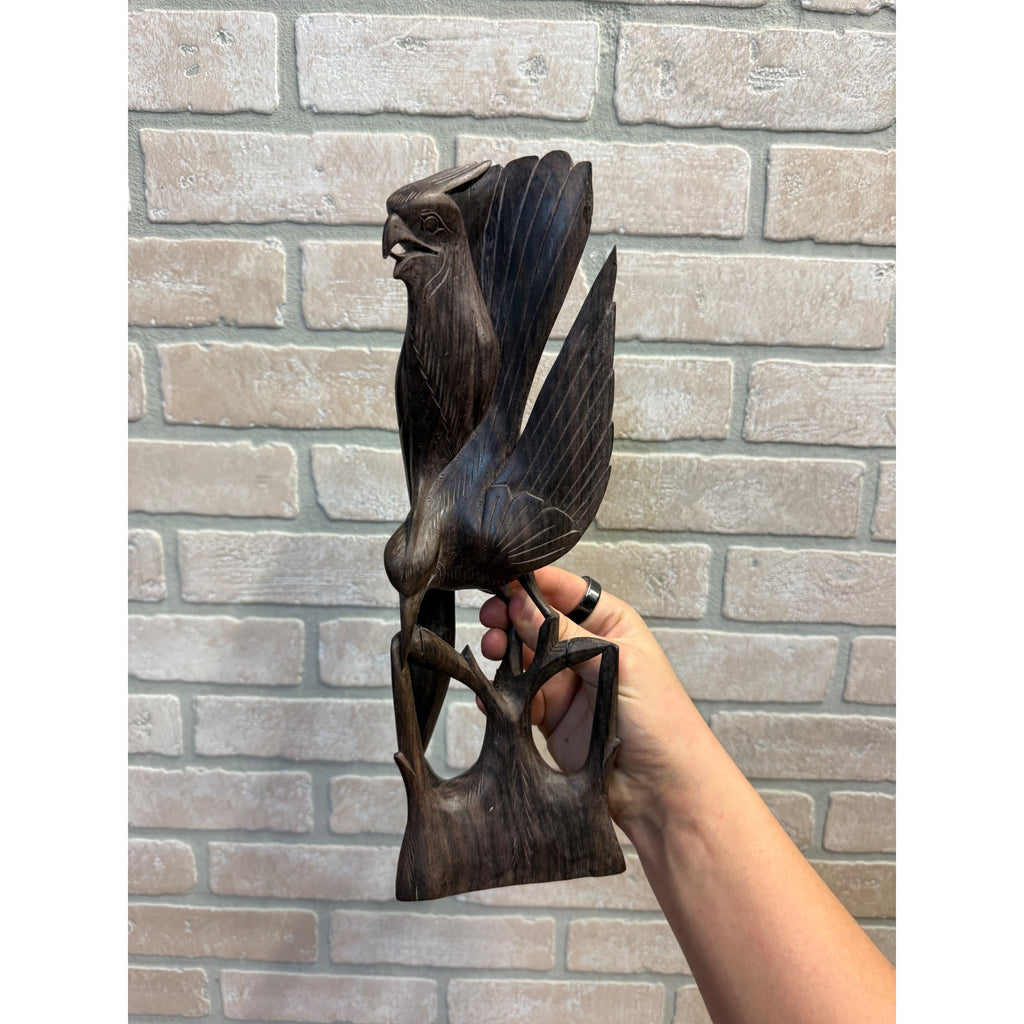 Vintage Hand-Carved Hardwood Stylized Bird Sculpture Poised on Branch Balinese MCM