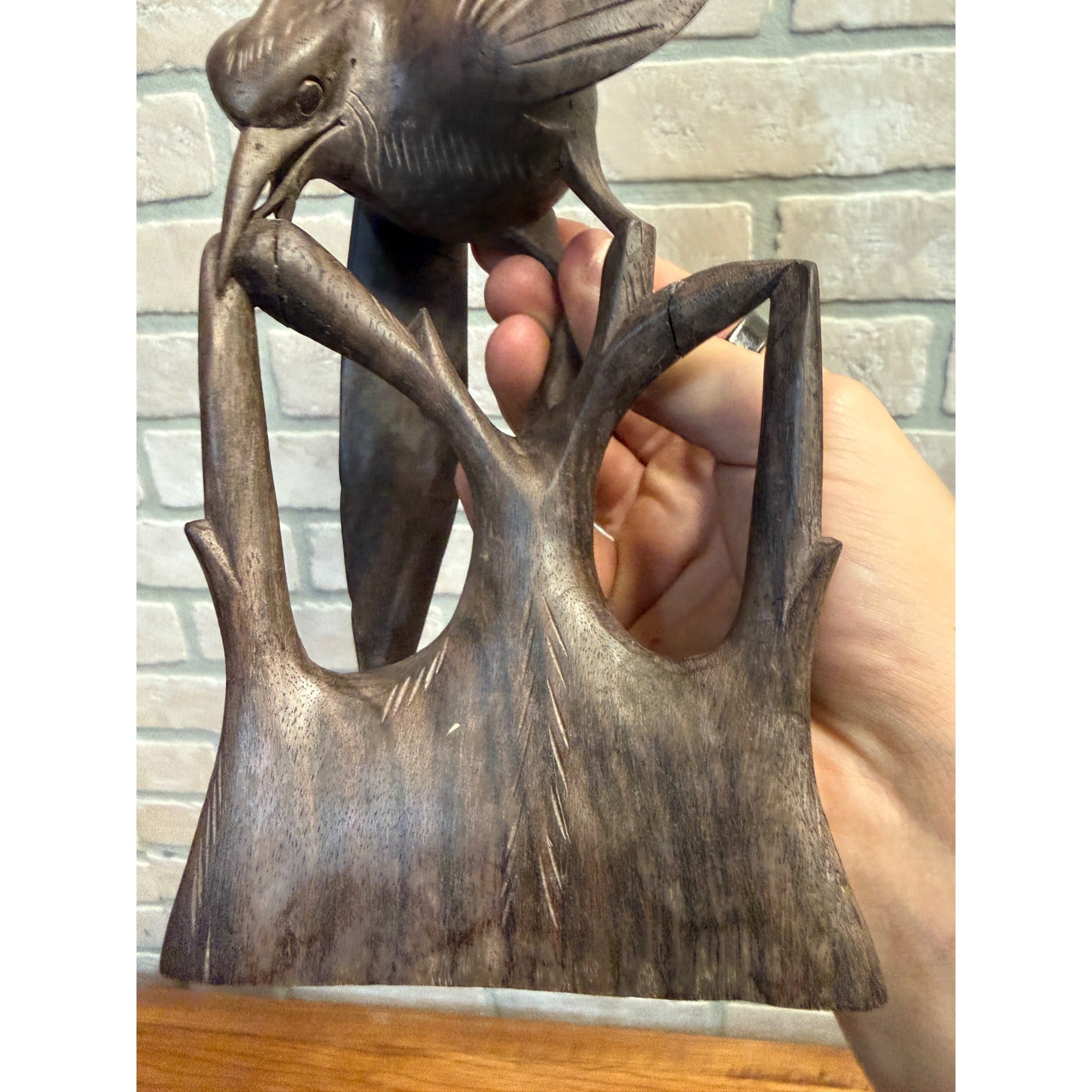 Vintage Hand-Carved Hardwood Stylized Bird Sculpture Poised on Branch Balinese MCM