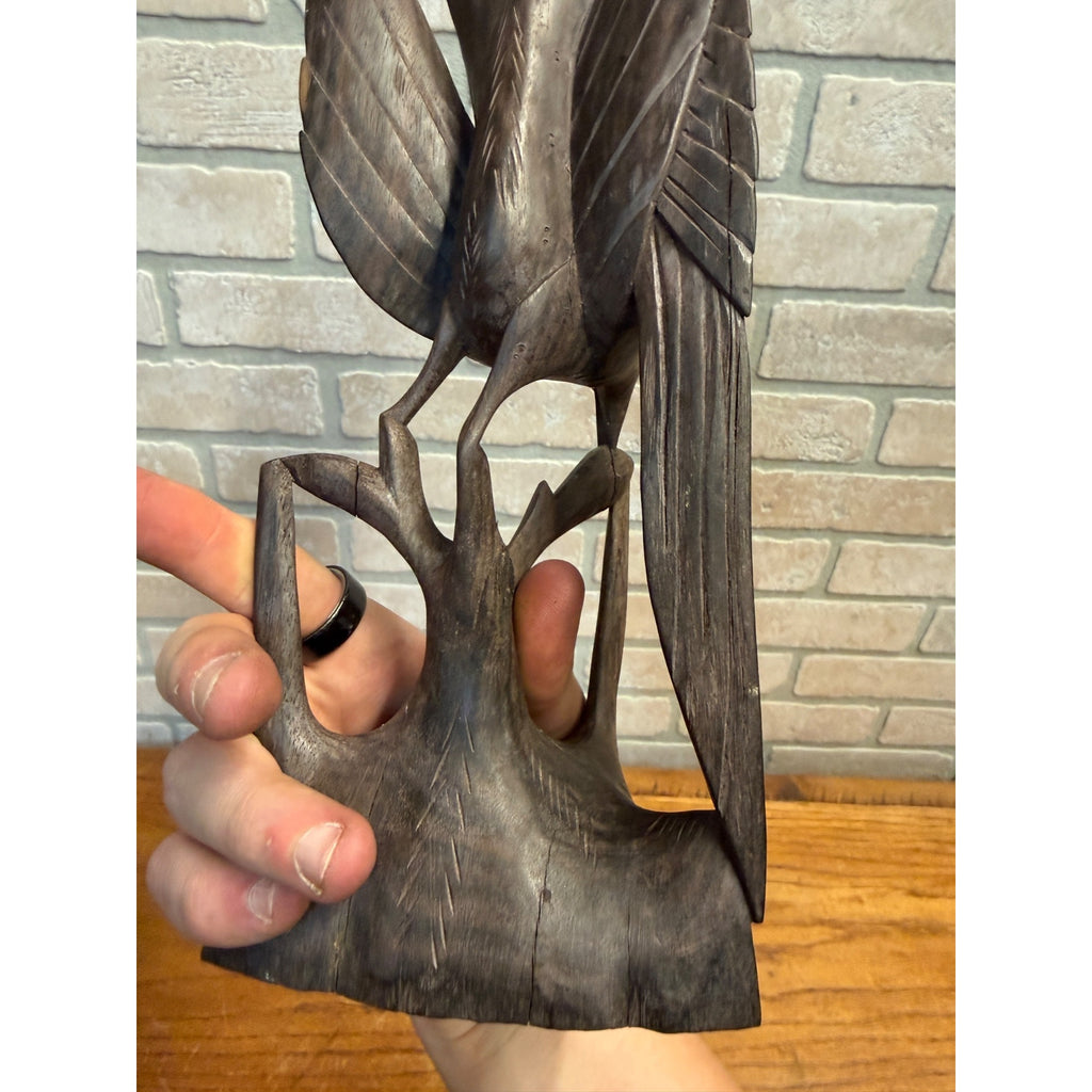 Vintage Hand-Carved Hardwood Stylized Bird Sculpture Poised on Branch Balinese MCM