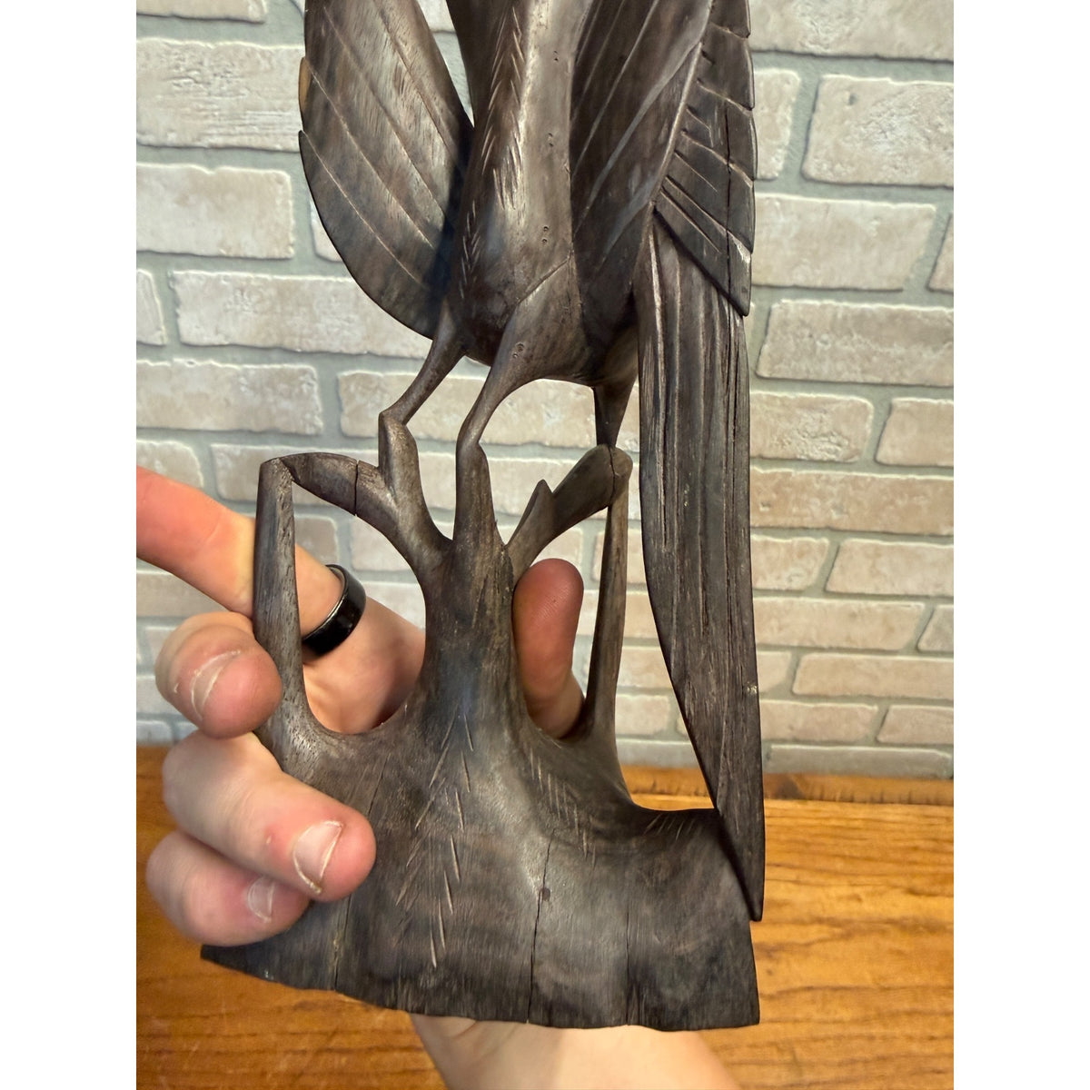 Vintage Hand-Carved Hardwood Stylized Bird Sculpture Poised on Branch Balinese MCM