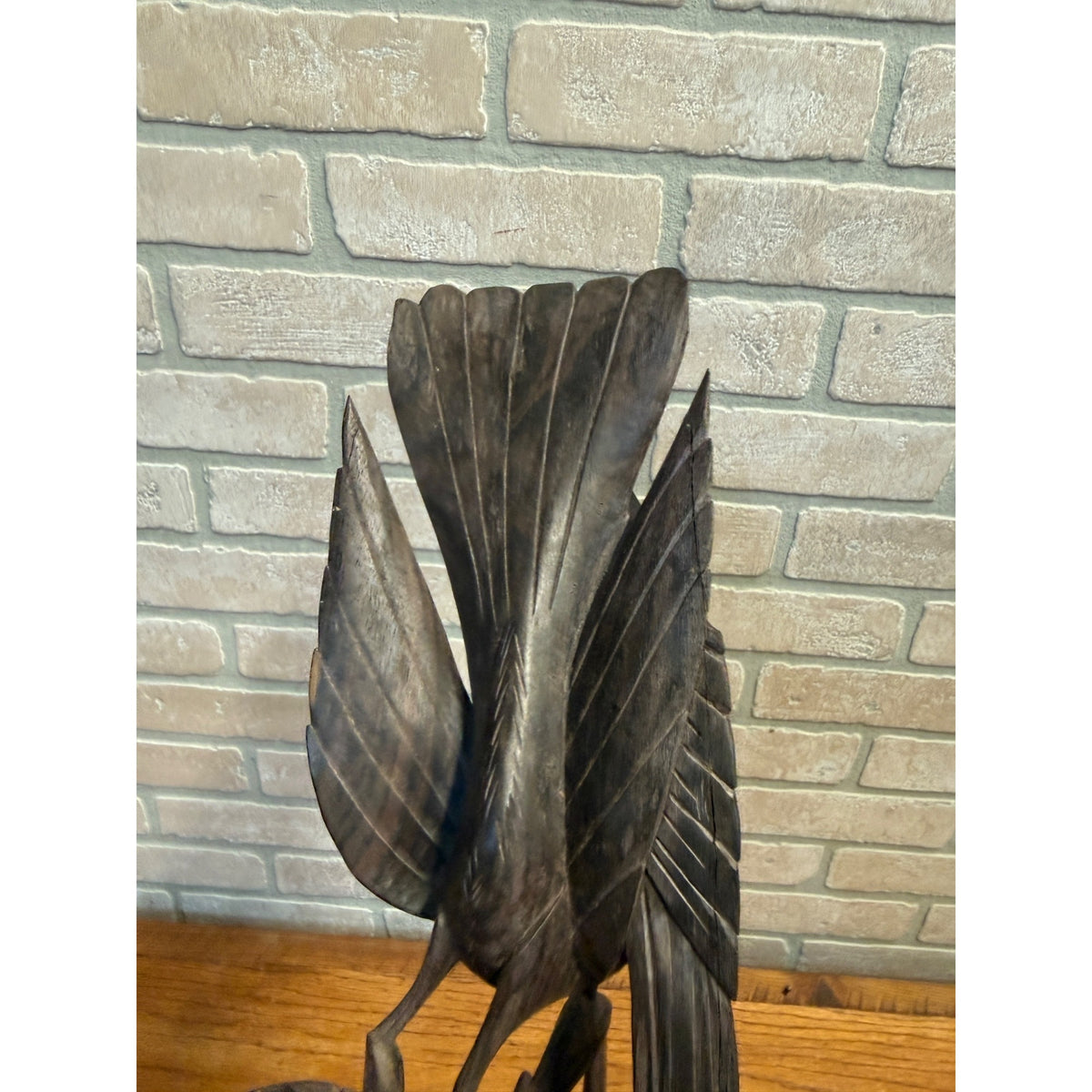 Vintage Hand-Carved Hardwood Stylized Bird Sculpture Poised on Branch Balinese MCM