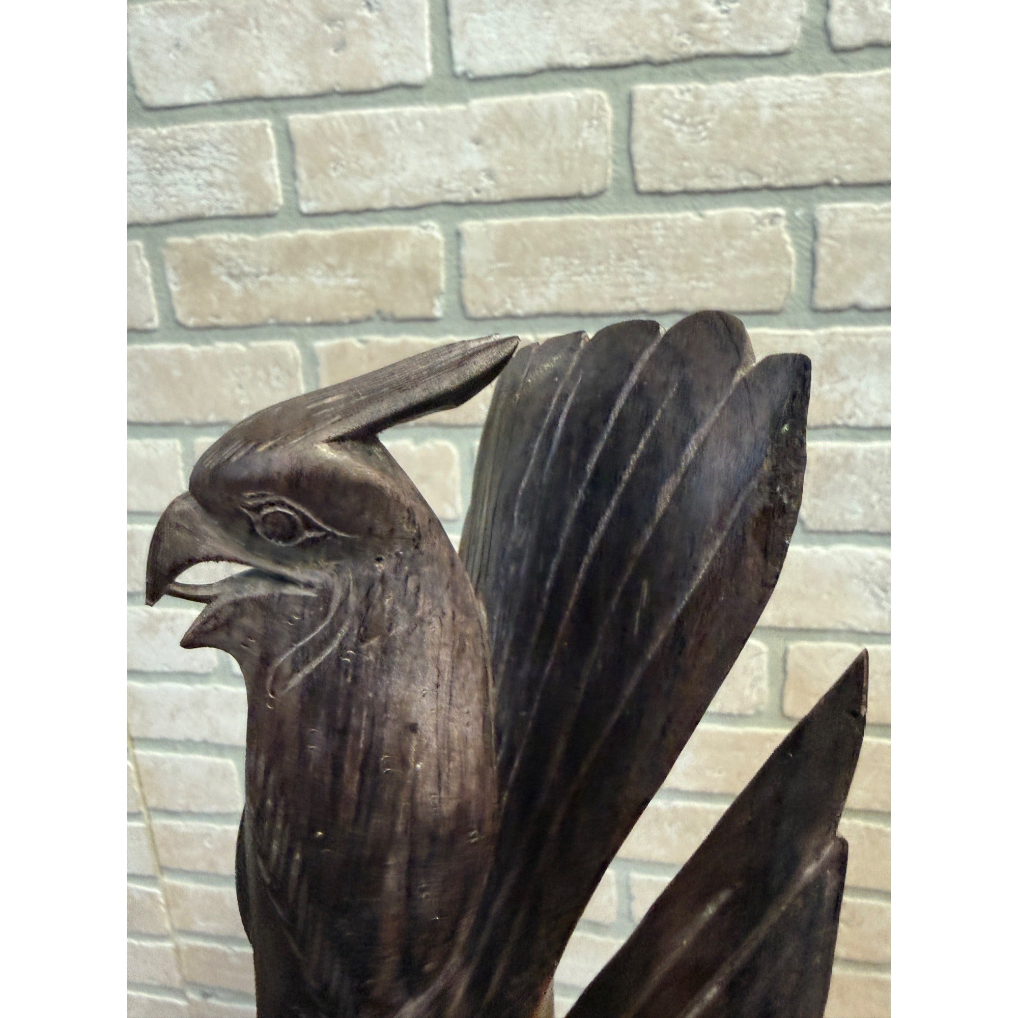 Vintage Hand-Carved Hardwood Stylized Bird Sculpture Poised on Branch Balinese MCM