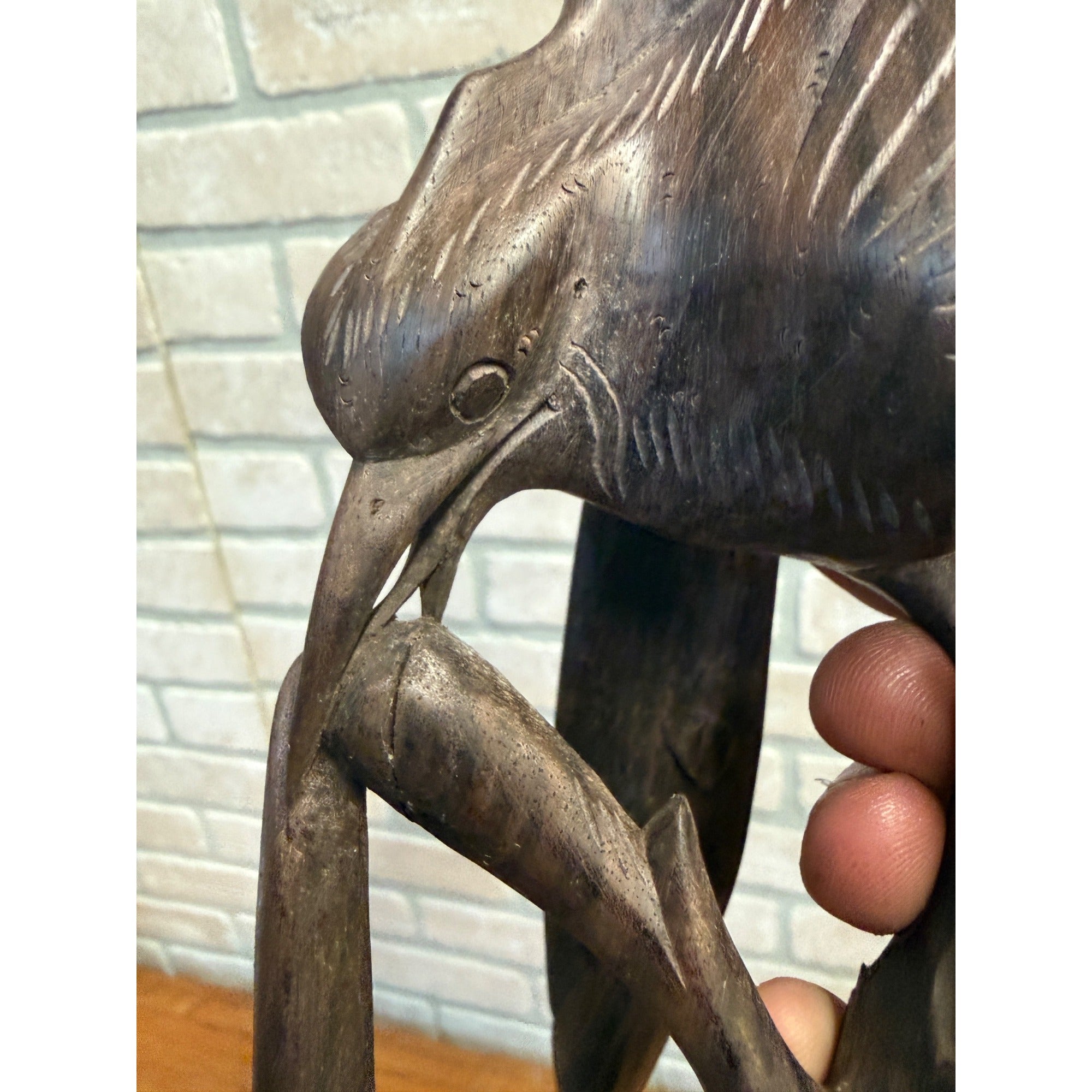 Vintage Hand-Carved Hardwood Stylized Bird Sculpture Poised on Branch Balinese MCM