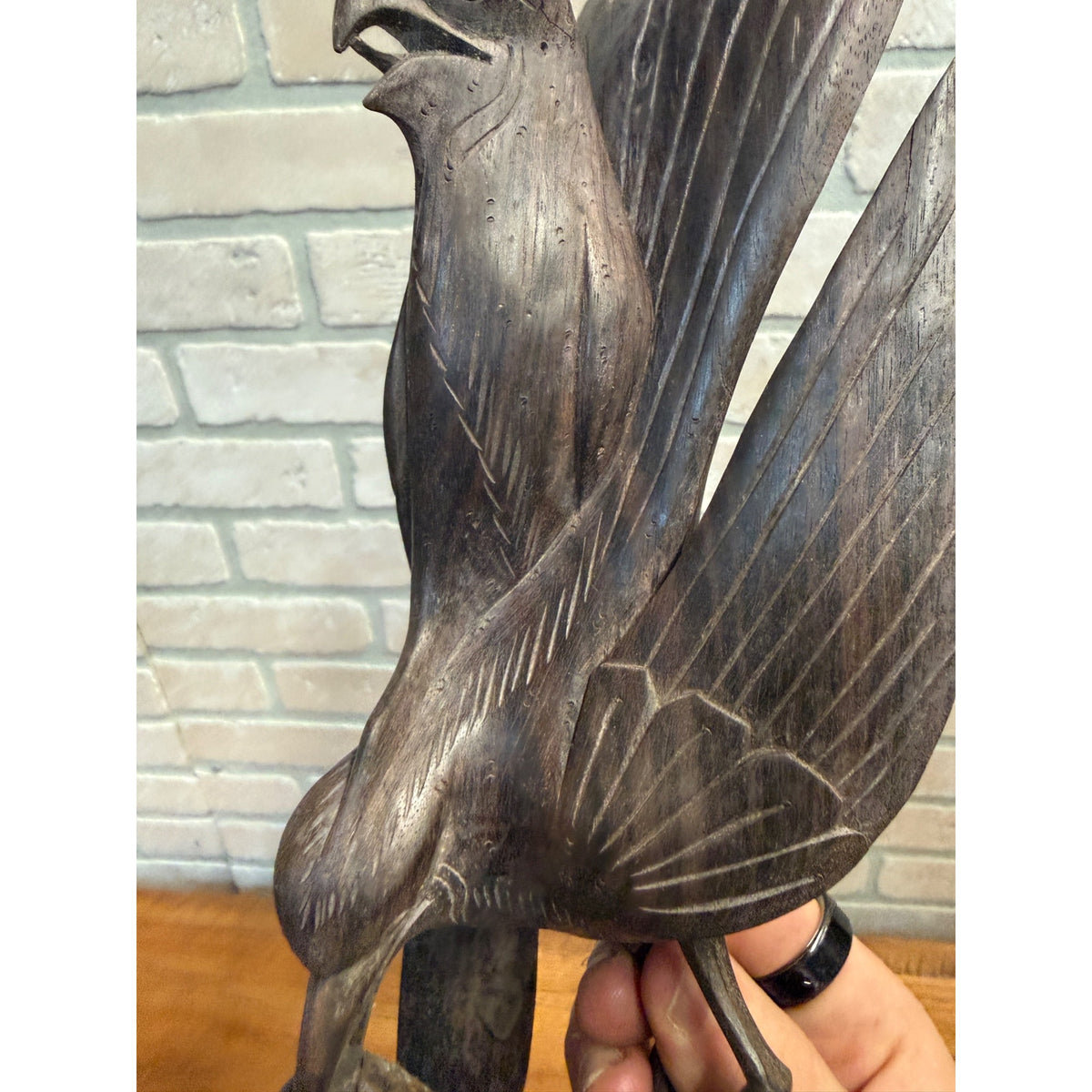 Vintage Hand-Carved Hardwood Stylized Bird Sculpture Poised on Branch Balinese MCM