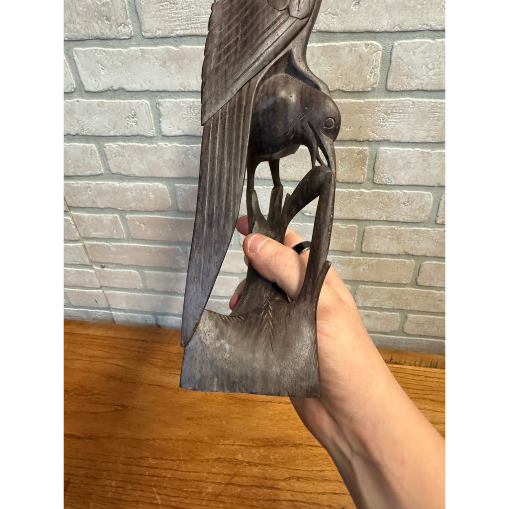 Vintage Hand-Carved Hardwood Stylized Bird Sculpture Poised on Branch Balinese MCM