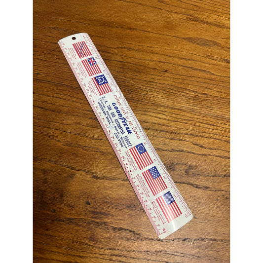 Vintage 1970s Goodyear Tires Advertising Tin Metal Litho Ruler w/ US Flags