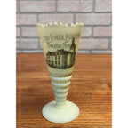 Vintage Souvenir Custard Glass Trumpet Vase Mapleton, Minnesota High School Building Circa 1920's