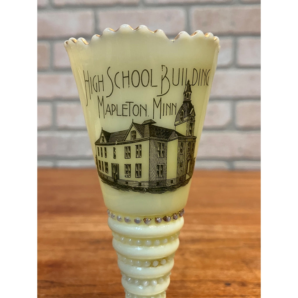 Vintage Souvenir Custard Glass Trumpet Vase Mapleton, Minnesota High School Building Circa 1920's