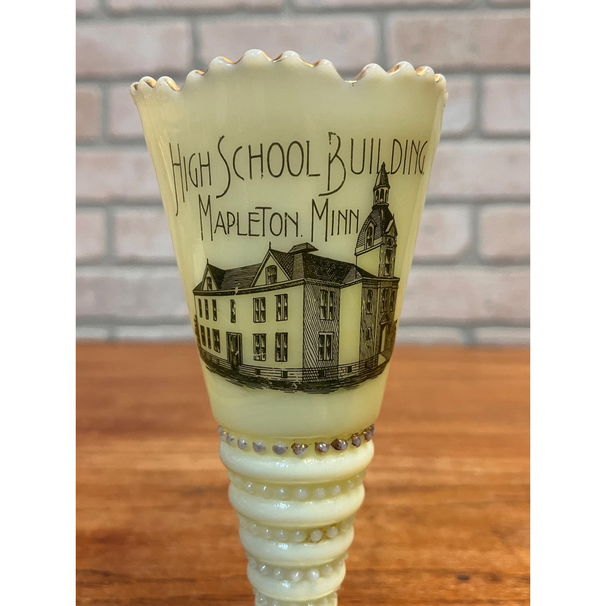 Vintage Souvenir Custard Glass Trumpet Vase Mapleton, Minnesota High School Building Circa 1920's