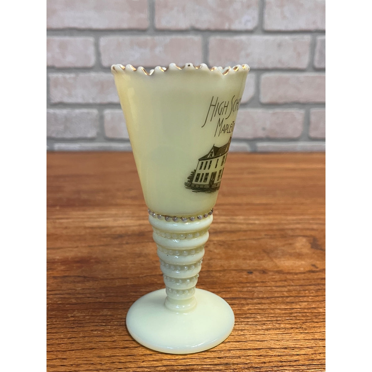 Vintage Souvenir Custard Glass Trumpet Vase Mapleton, Minnesota High School Building Circa 1920's