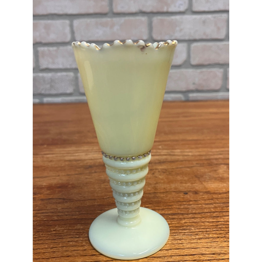 Vintage Souvenir Custard Glass Trumpet Vase Mapleton, Minnesota High School Building Circa 1920's