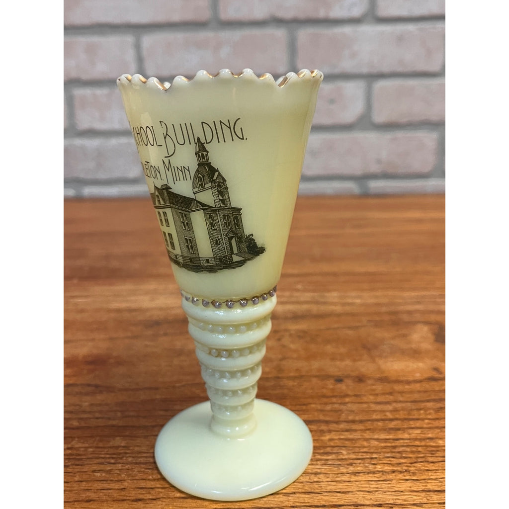Vintage Souvenir Custard Glass Trumpet Vase Mapleton, Minnesota High School Building Circa 1920's