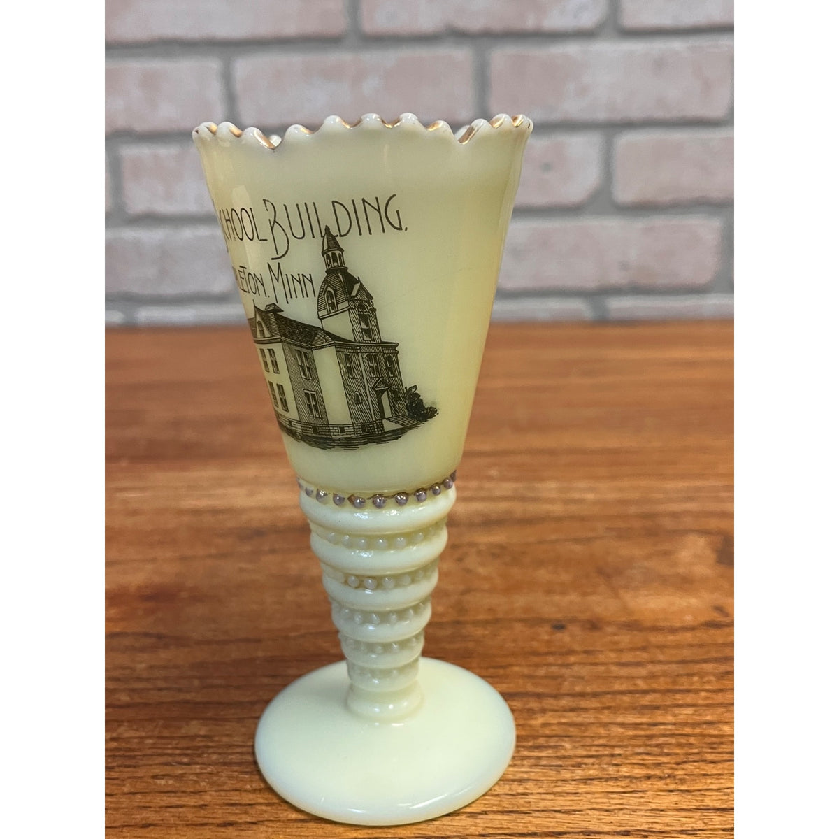 Vintage Souvenir Custard Glass Trumpet Vase Mapleton, Minnesota High School Building Circa 1920's