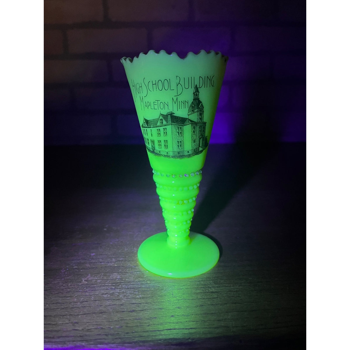 Vintage Souvenir Custard Glass Trumpet Vase Mapleton, Minnesota High School Building Circa 1920's