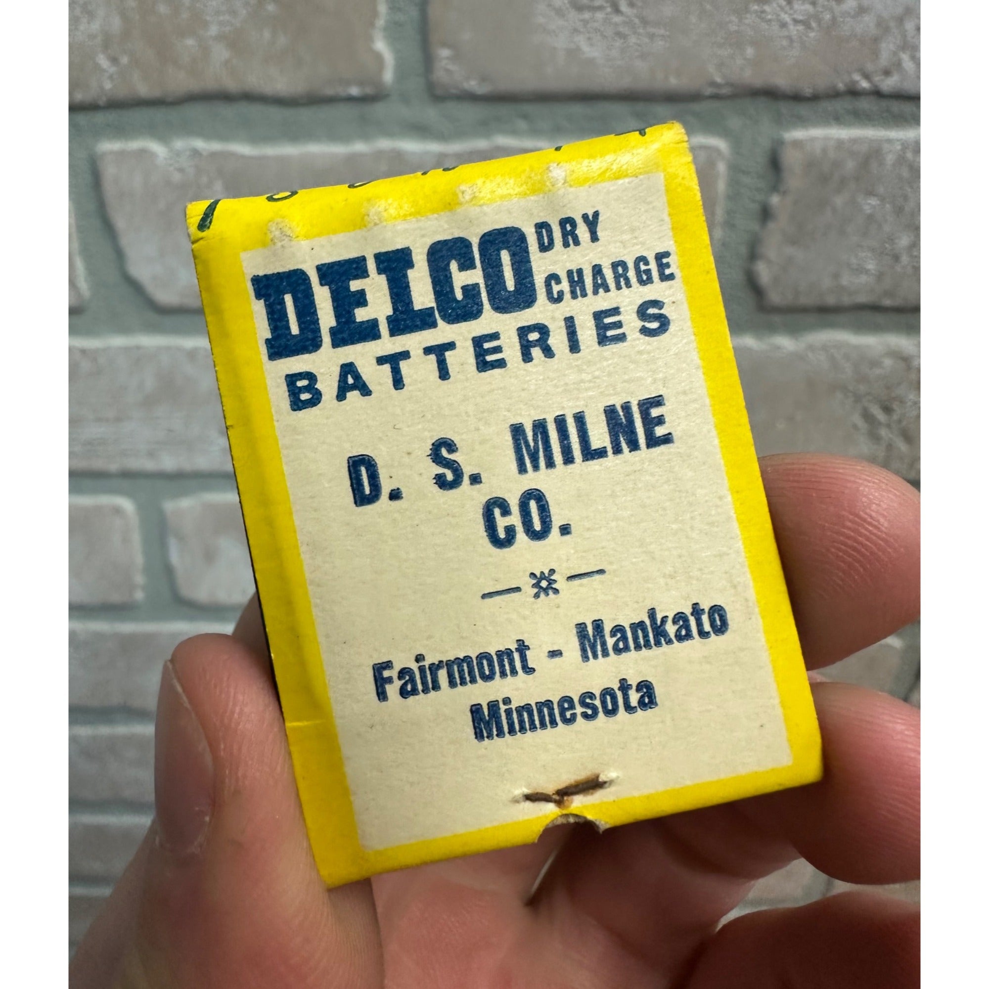 1930s Delco Batteries D.S. Milne Co. Match Book Fairmont Mankato Minnesota MN