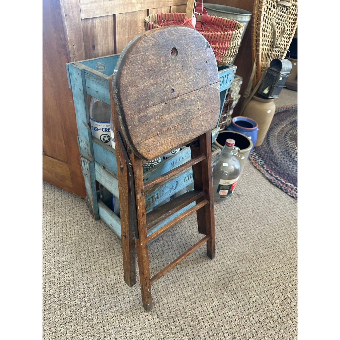 Antique Primitive Farmhouse Wooden Folding Ladder Stool by JR Clark Minn.