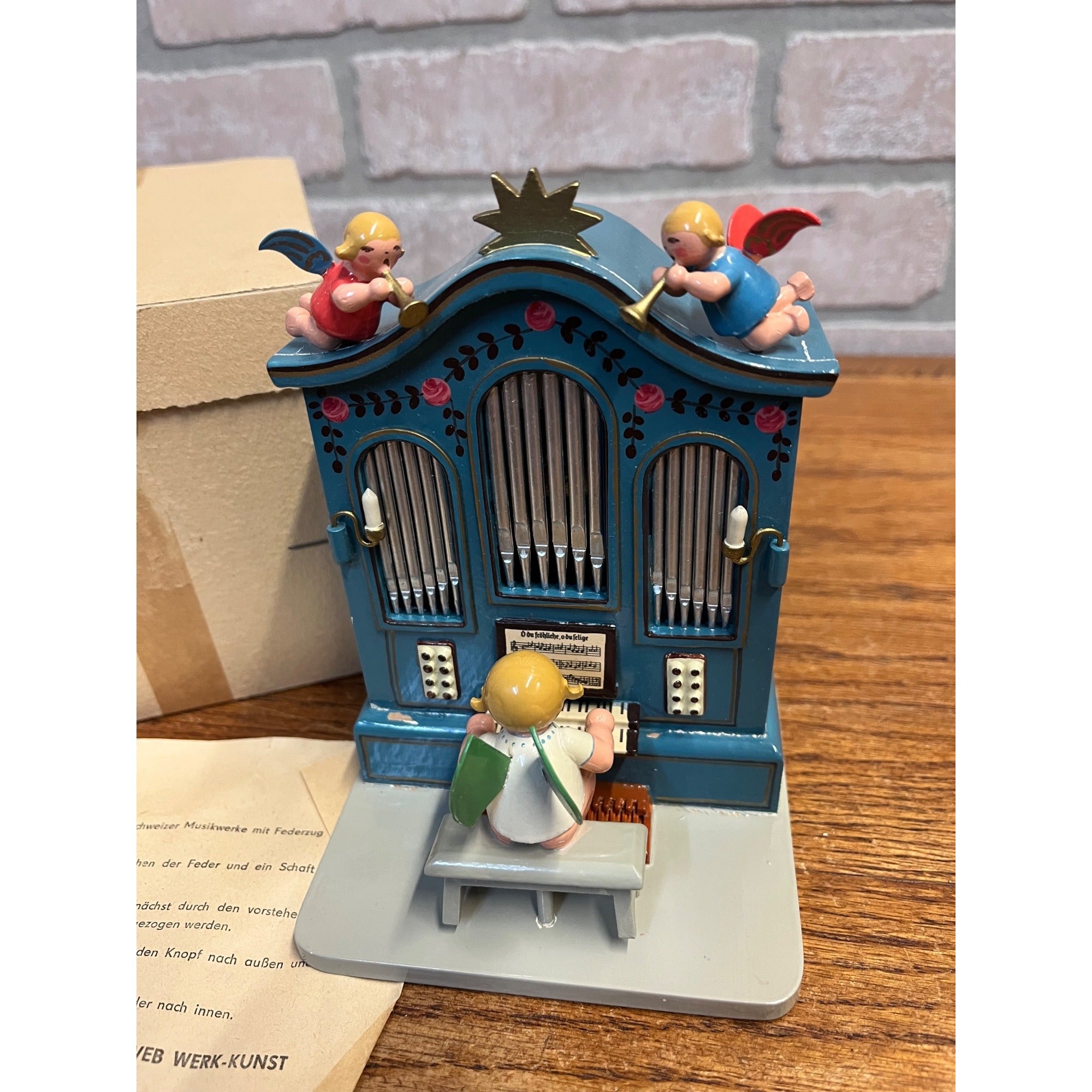 Erzgebirge Wooden Music Box Angel Playing Organ German - Works!