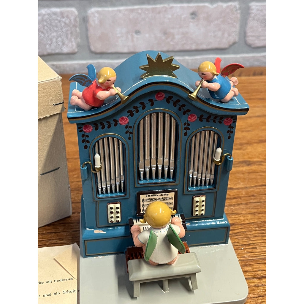 Erzgebirge Wooden Music Box Angel Playing Organ German - Works!