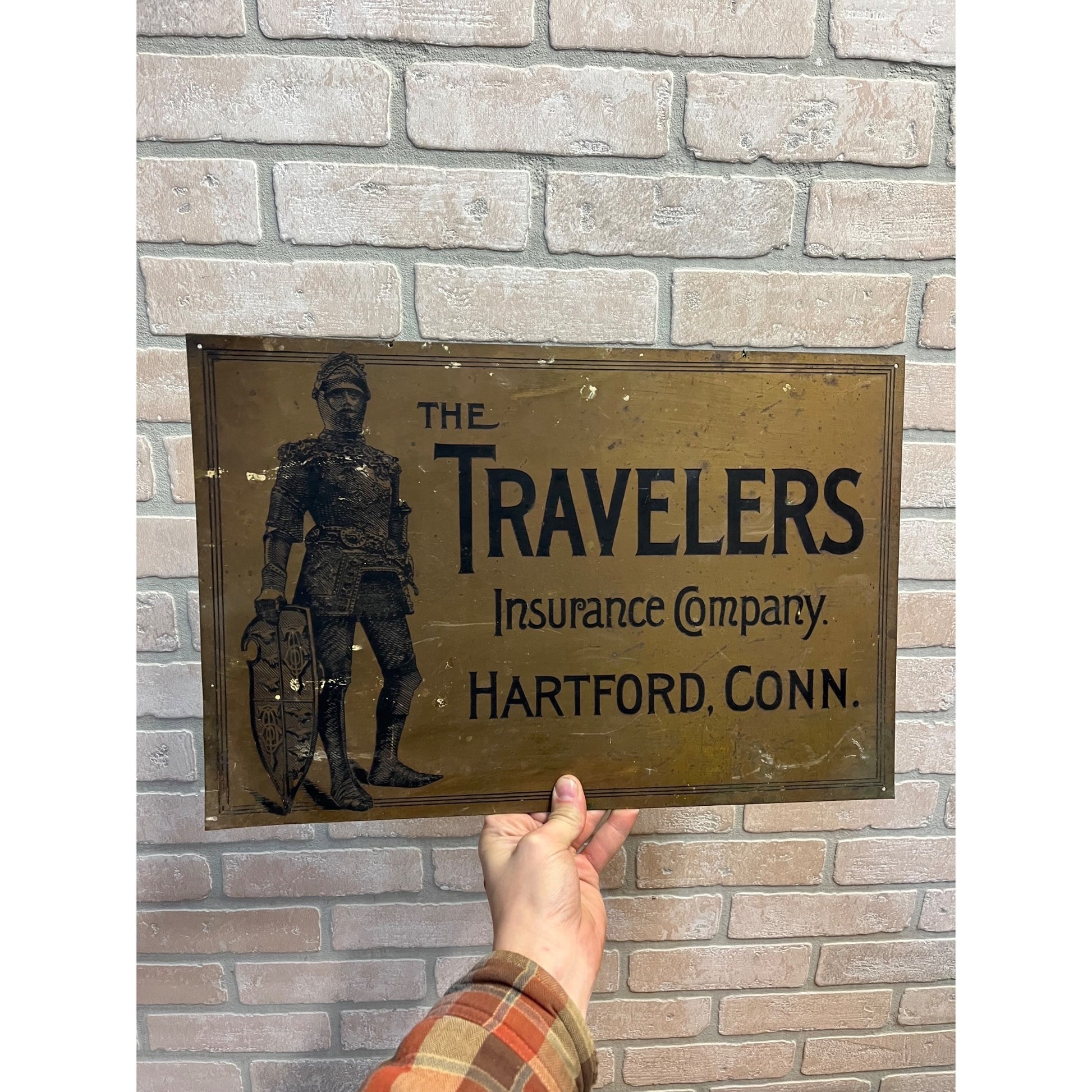 Vintage 1920s Travelers Insurance Hartford Connecticut Brass Advertising Sign