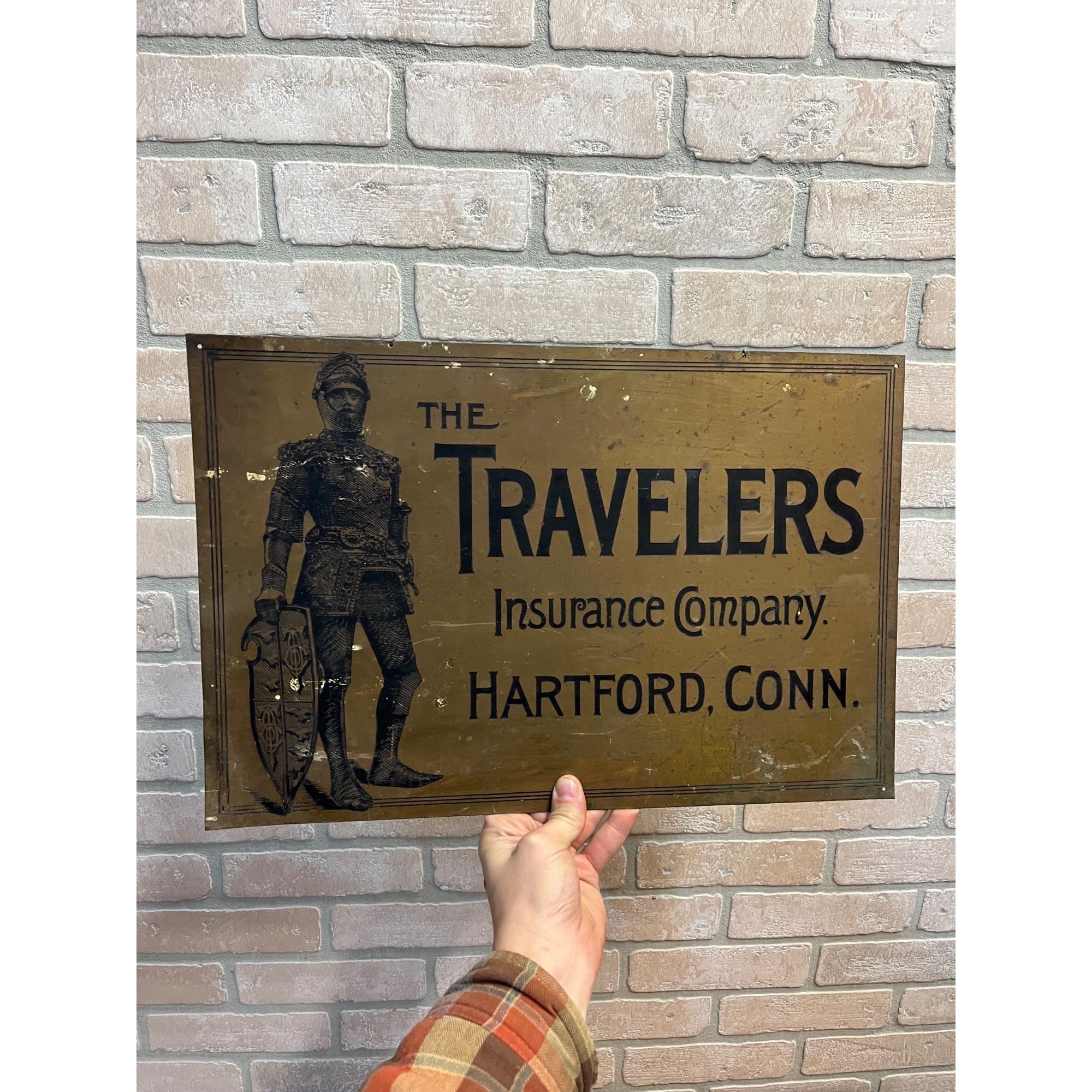 Vintage 1920s Travelers Insurance Hartford Connecticut Brass Advertising Sign