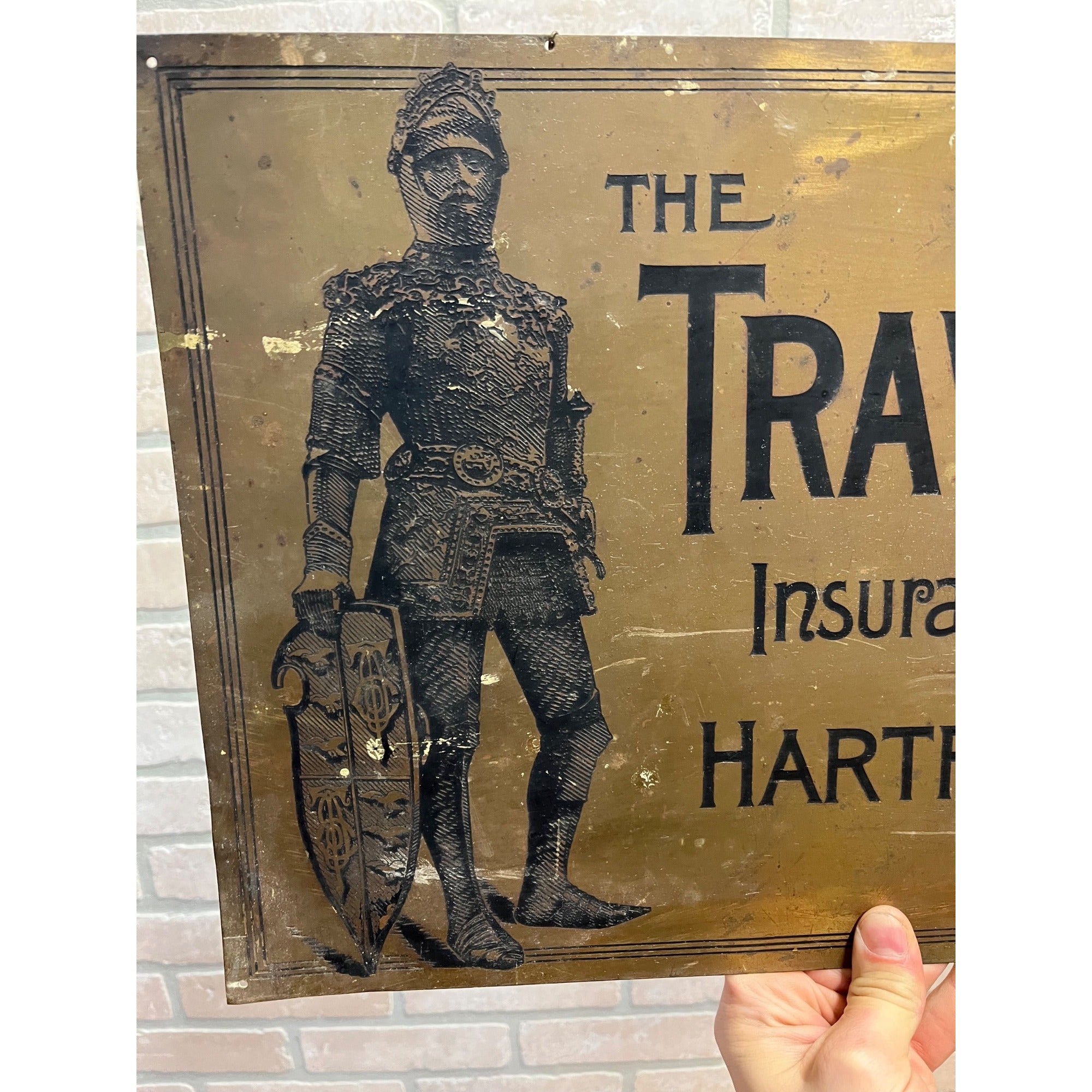 Vintage 1920s Travelers Insurance Hartford Connecticut Brass Advertising Sign