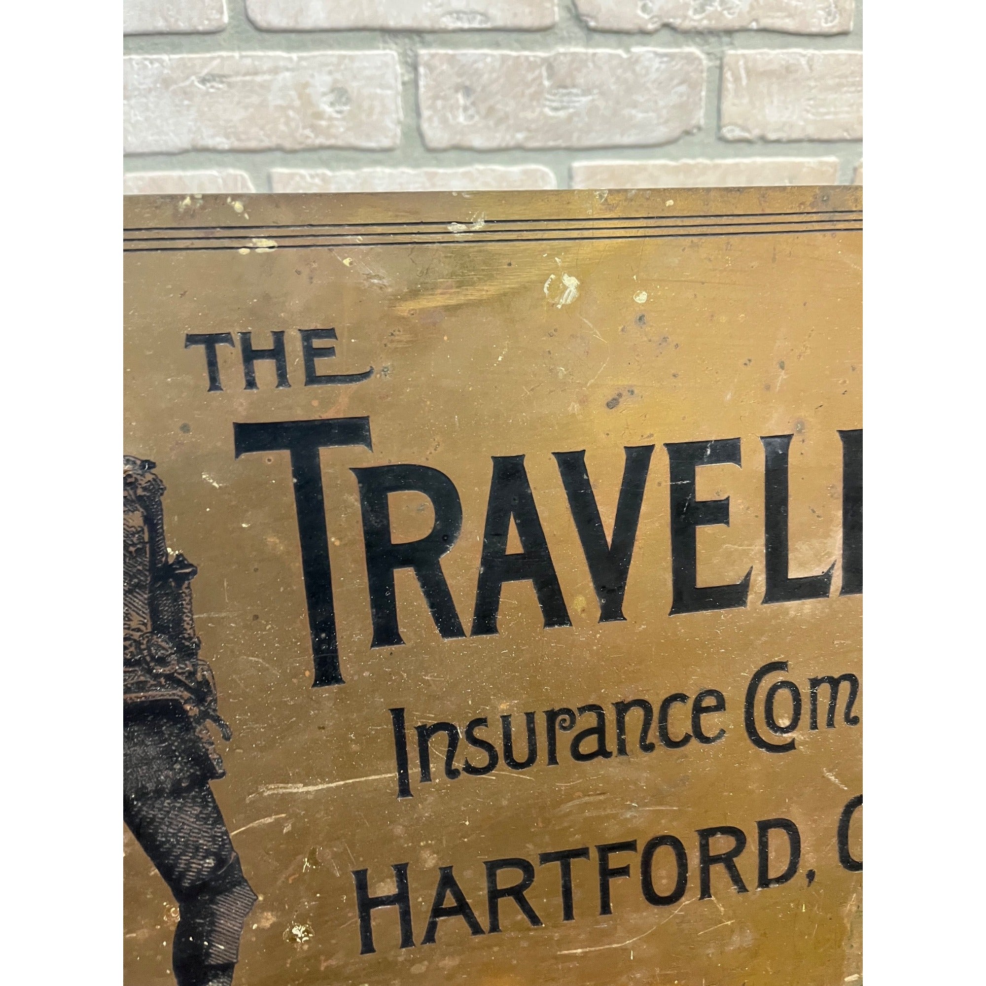 Vintage 1920s Travelers Insurance Hartford Connecticut Brass Advertising Sign