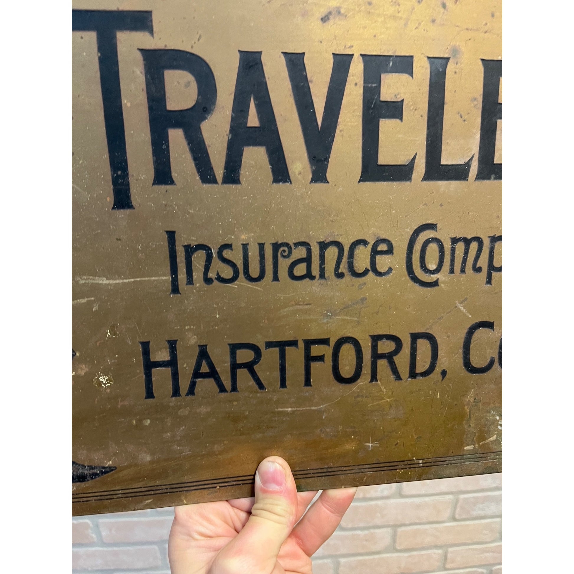 Vintage 1920s Travelers Insurance Hartford Connecticut Brass Advertising Sign