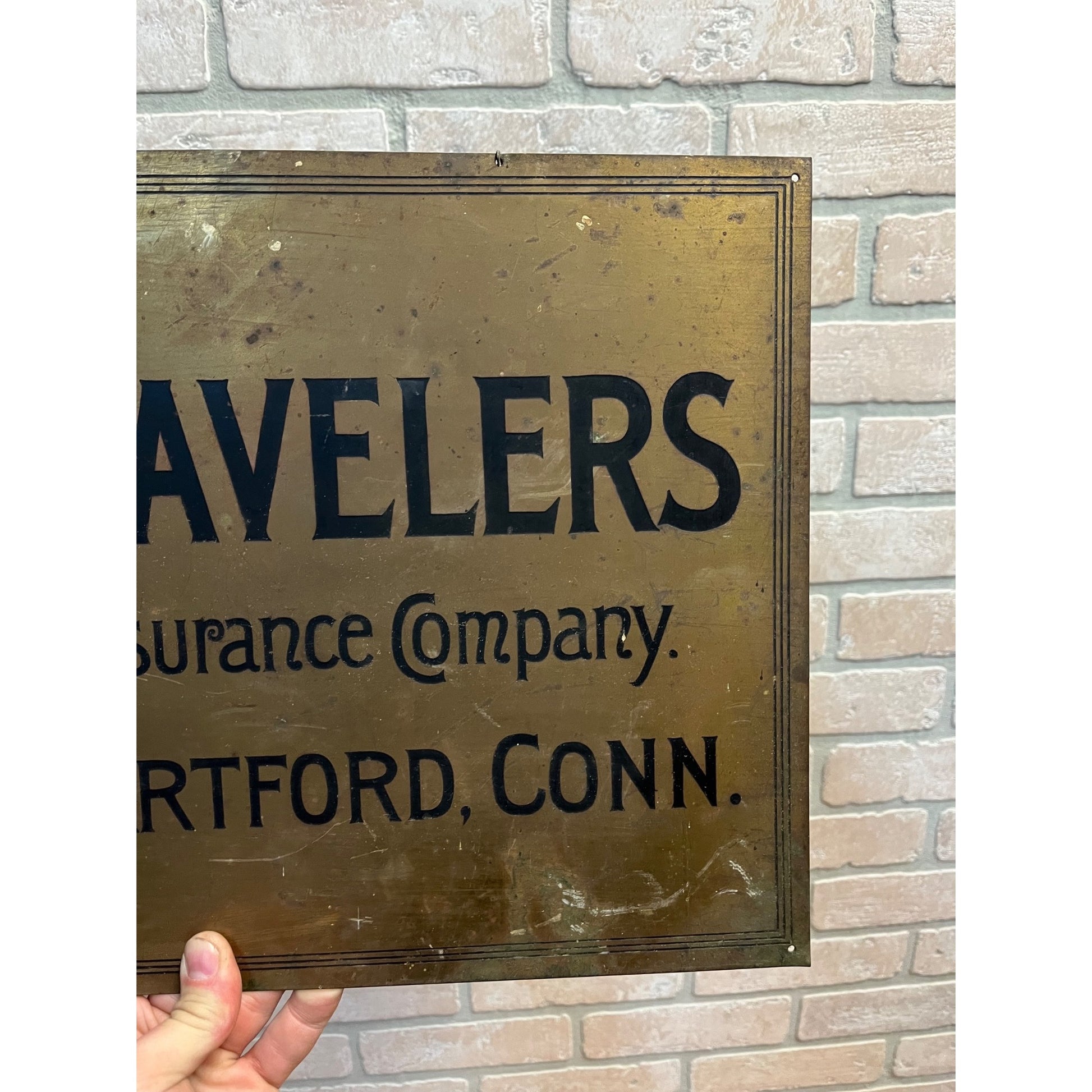 Vintage 1920s Travelers Insurance Hartford Connecticut Brass Advertising Sign