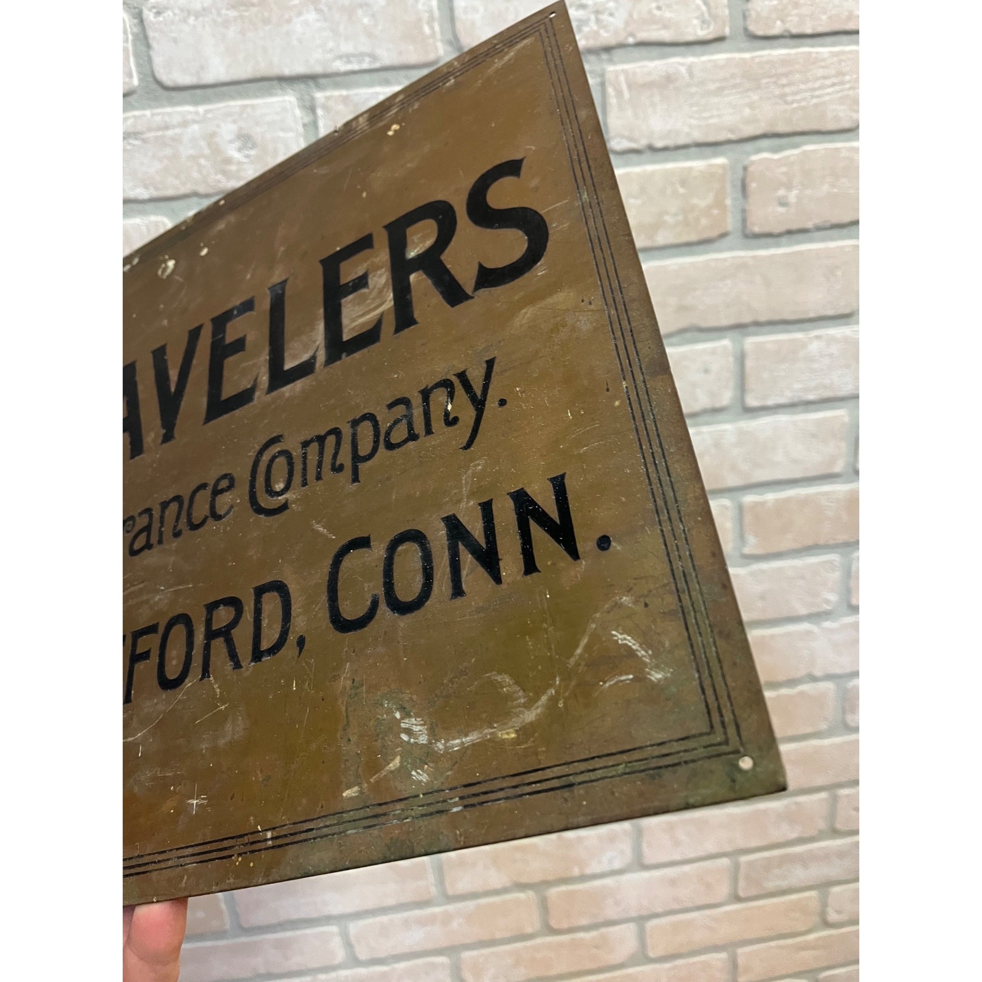 Vintage 1920s Travelers Insurance Hartford Connecticut Brass Advertising Sign