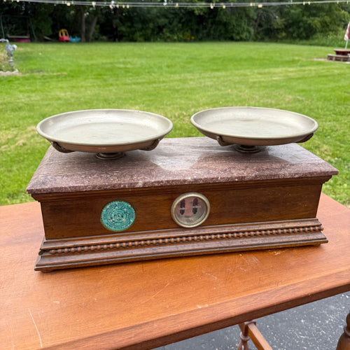 Vintage Granite Top & Oak Wood Apothecary Mercantile Scale Double Tray